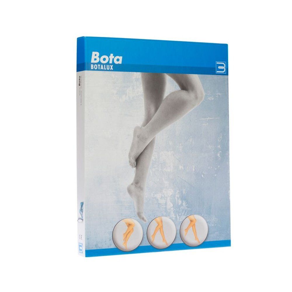 Emballage de bas Bota Botalux. Taille 4, noir. Illustration de jambes. Certification visible.