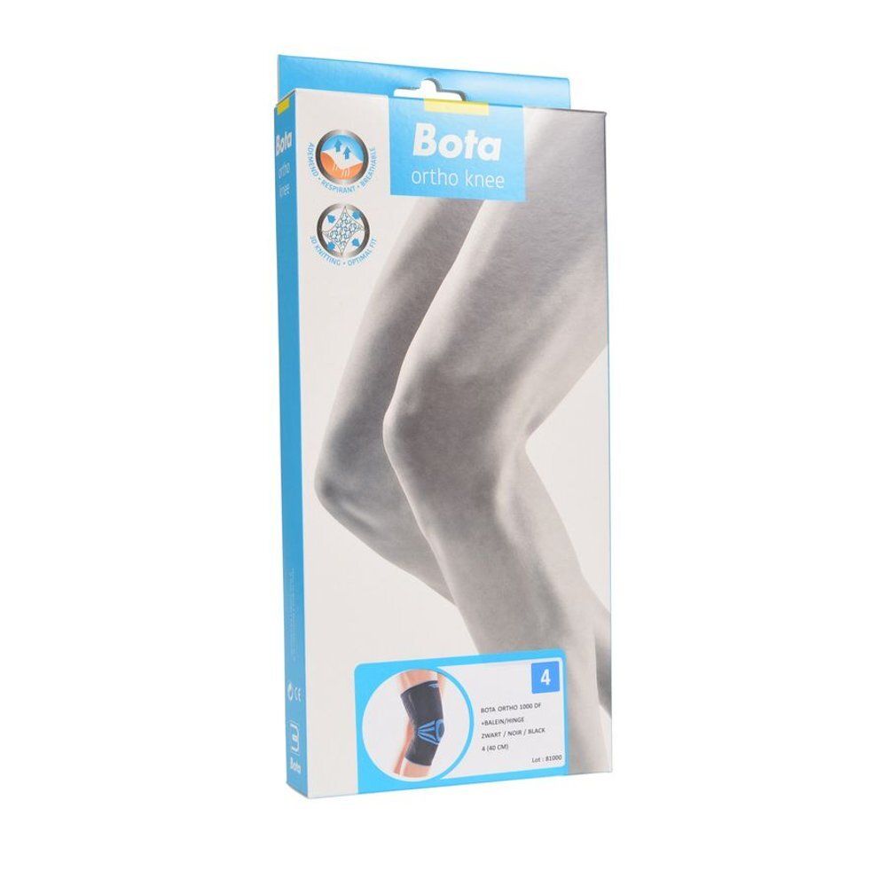 Emballage de l'orthèse de genou Bota. Boîte bleue et blanche avec image du produit et logo. Taille 4.