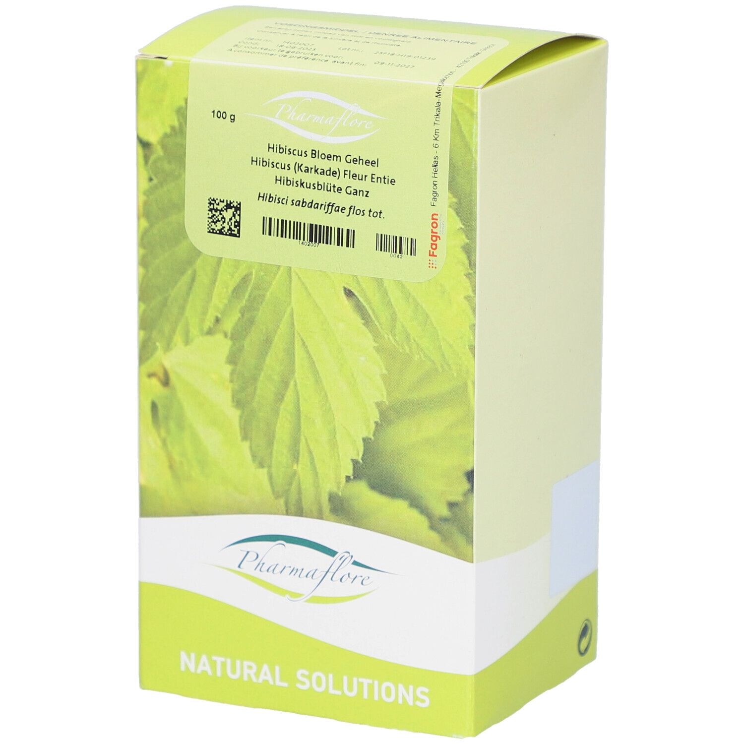 Kartonverpackung mit Pharmaflore-Logo. Text: Hibiscus Bloem Geheel, 100 g. Grün-weißes Design mit Hibiskus-Blatt-Motiv.