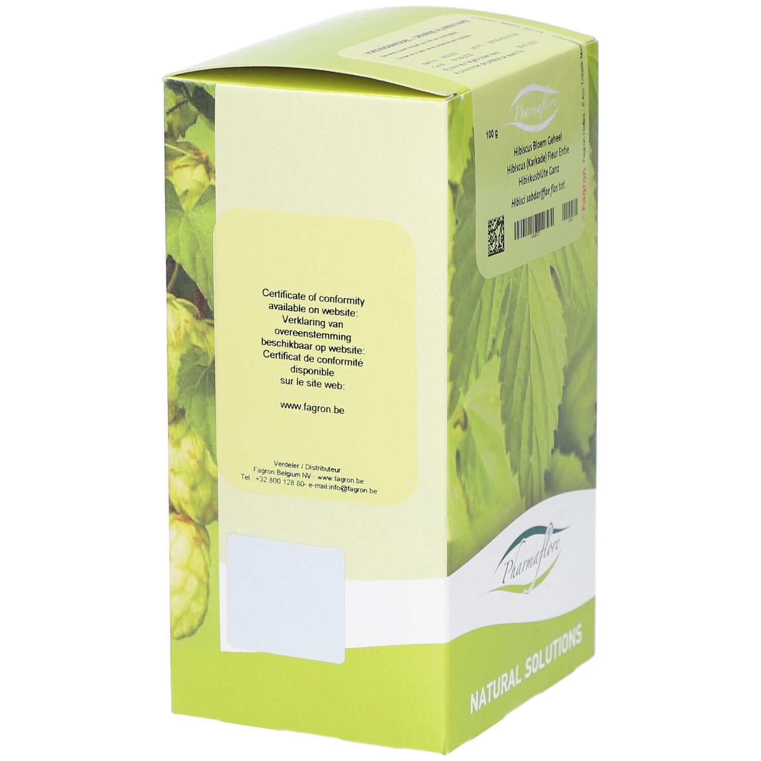 Rückseite der Kartonverpackung. Text: Certificate of conformity. Grün-weißes Design mit Hibiskus-Blatt-Motiv und Pharmaflore-Logo.