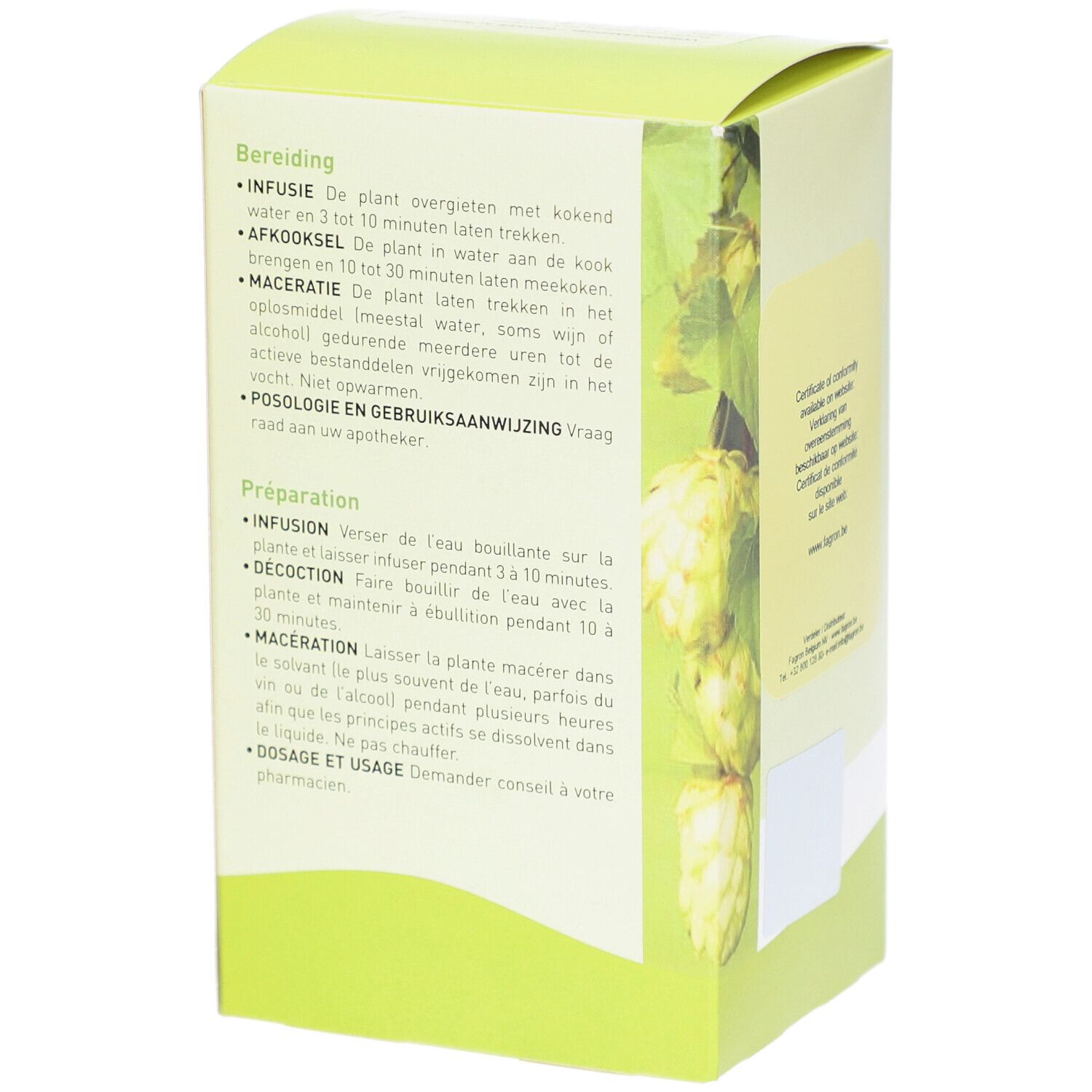 Seite der Kartonverpackung mit Zubereitungshinweisen. Grün-weißes Design mit Hibiskus-Blatt-Motiv und Pharmaflore-Logo.