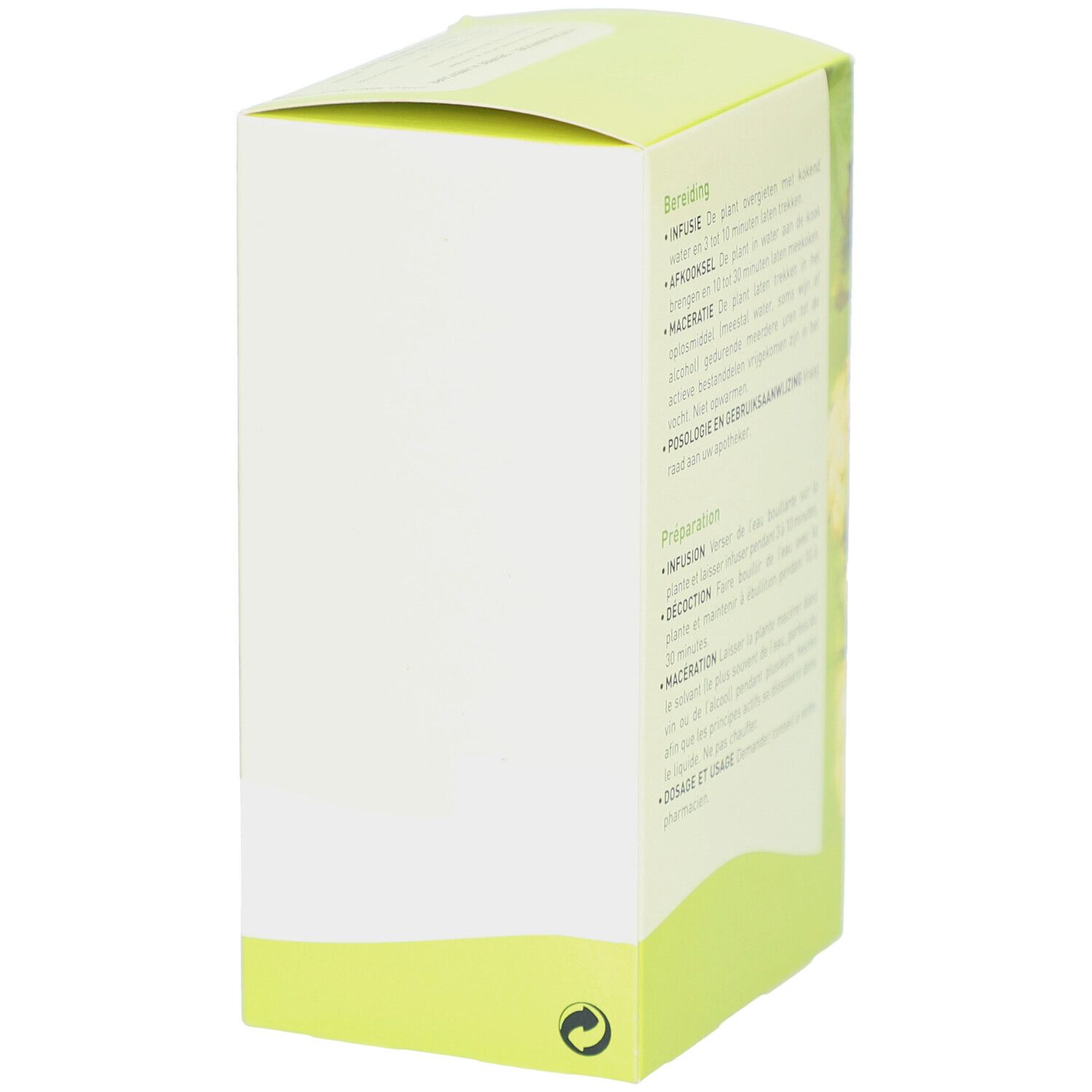 Seite der Kartonverpackung. Grün-weißes Design. Text: Zubereitungshinweise. Pharmaflore-Logo am unteren Rand.