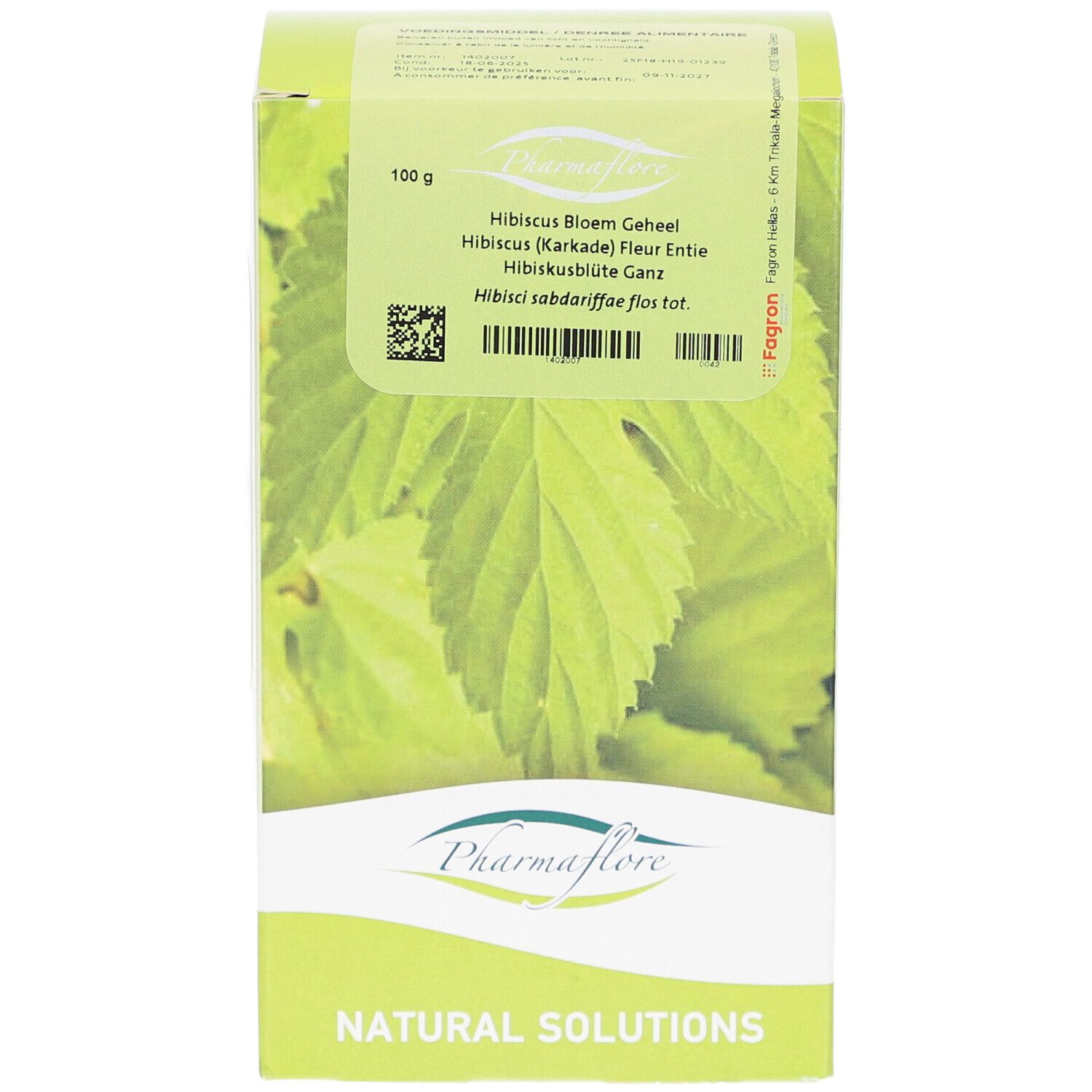 Kartonverpackung mit Pharmaflore-Logo. Text: Hibiscus Bloem Geheel, 100 g. Grün-weißes Design mit Hibiskus-Blatt-Motiv.