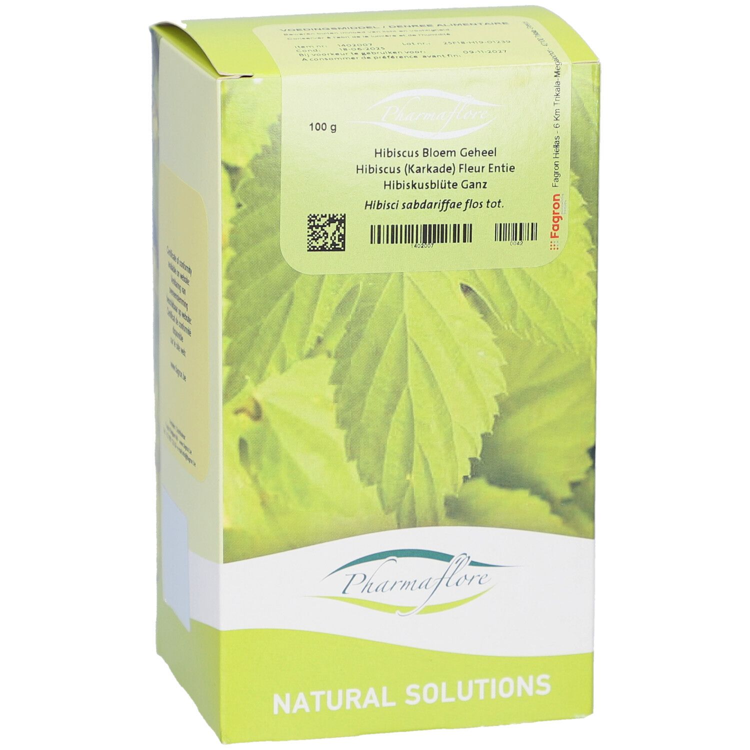 Kartonverpackung mit Pharmaflore-Logo. Text: Hibiscus Bloem Geheel, 100 g. Grün-weißes Design mit Hibiskus-Blatt-Motiv.