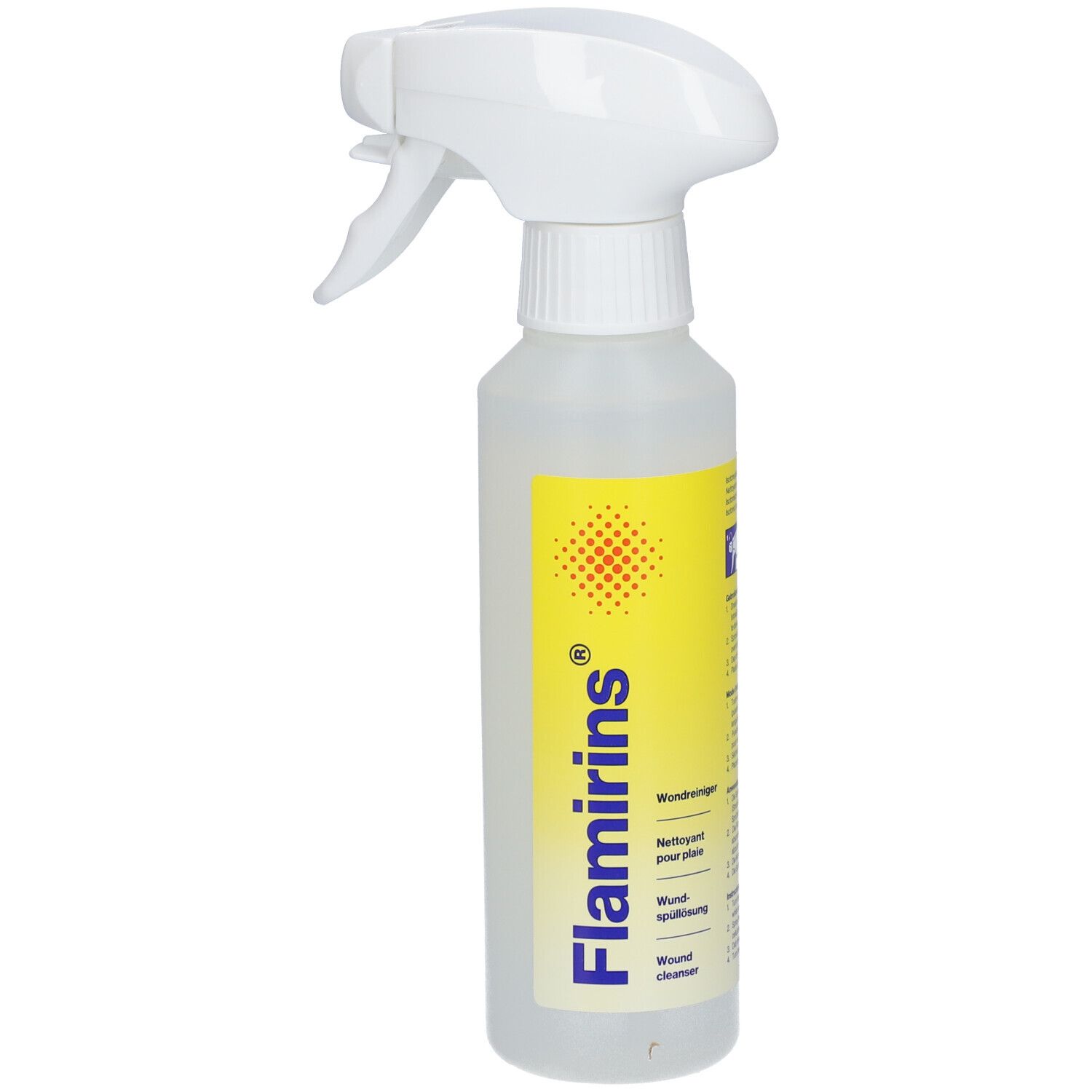 Flasche mit Sprühkopf. Aufschrift Flamirins, Wundreiniger, Wound cleanser.