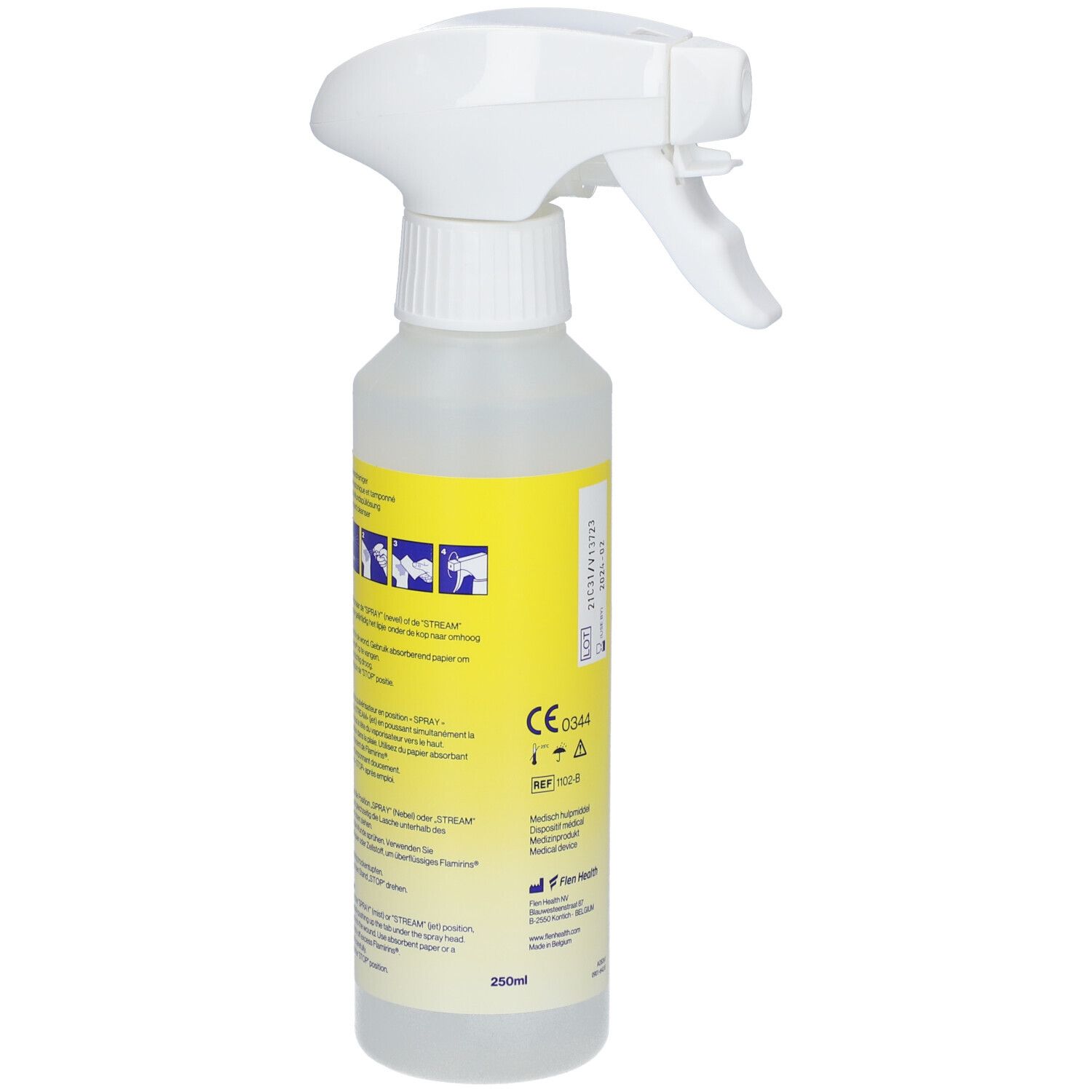 Flasche mit Sprühkopf. Aufschrift Flamirins, Wundreiniger, Wound cleanser.