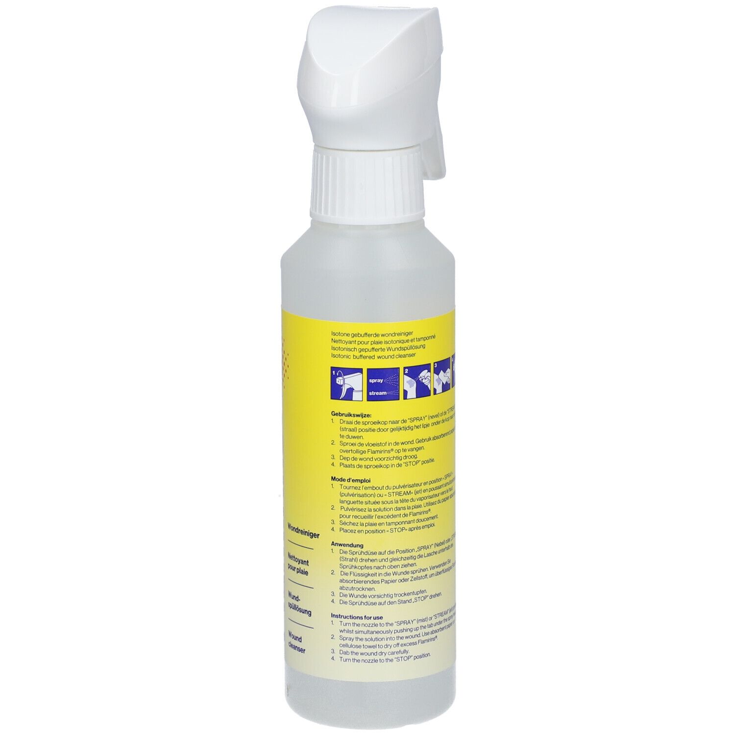 Flasche mit Sprühkopf. Aufschrift Flamirins, Wundreiniger, Wound cleanser.