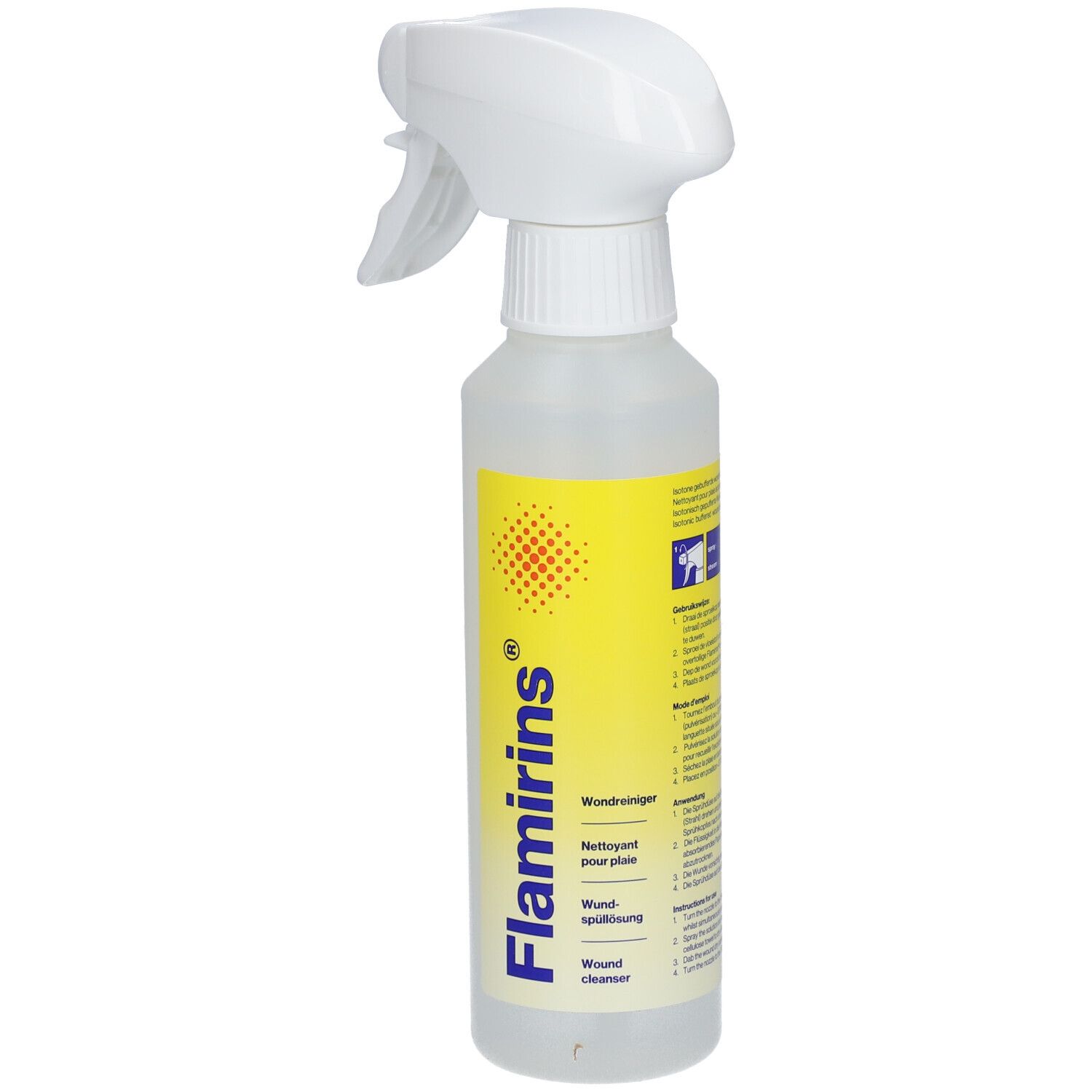 Flasche mit Sprühkopf. Aufschrift Flamirins, Wundreiniger, Wound cleanser.