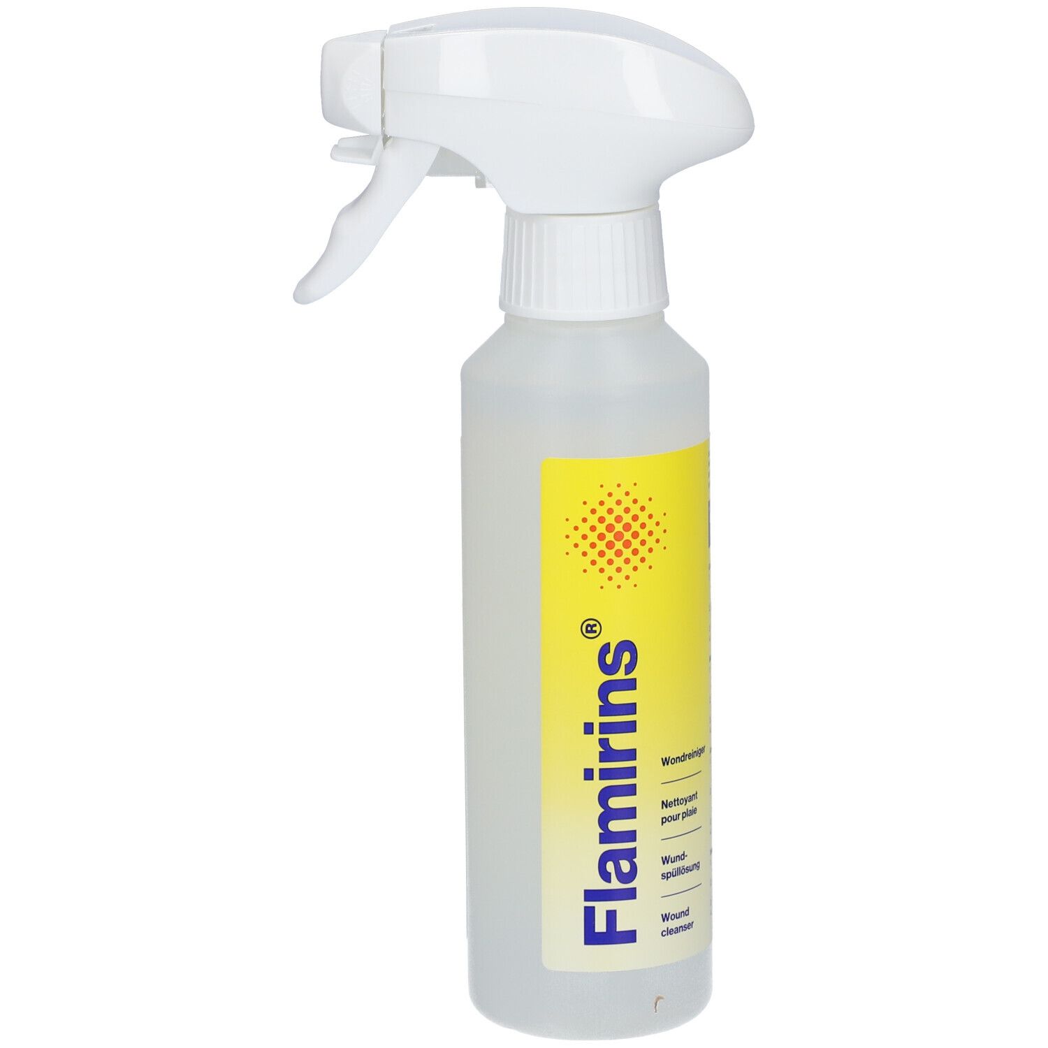 Flasche mit Sprühkopf. Aufschrift Flamirins, Wundreiniger, Wound cleanser.