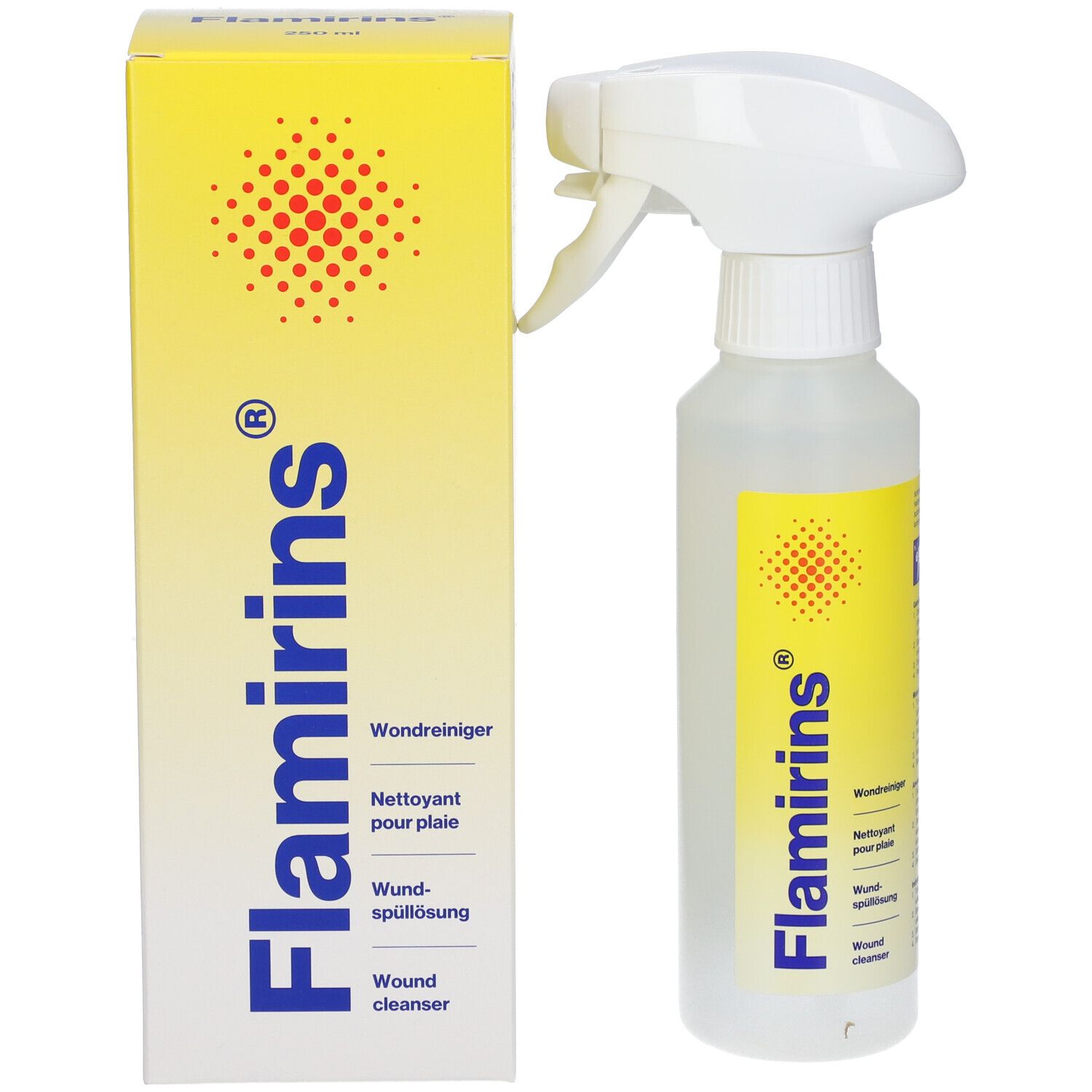 Flasche mit Sprühkopf und Karton. Aufschrift Flamirins, Wundreiniger, Wound cleanser.
