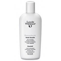 Weiße Flasche mit Louis Widmer Logo und Produktbezeichnung Remederm Huile Douche. Text in Französisch und Deutsch.