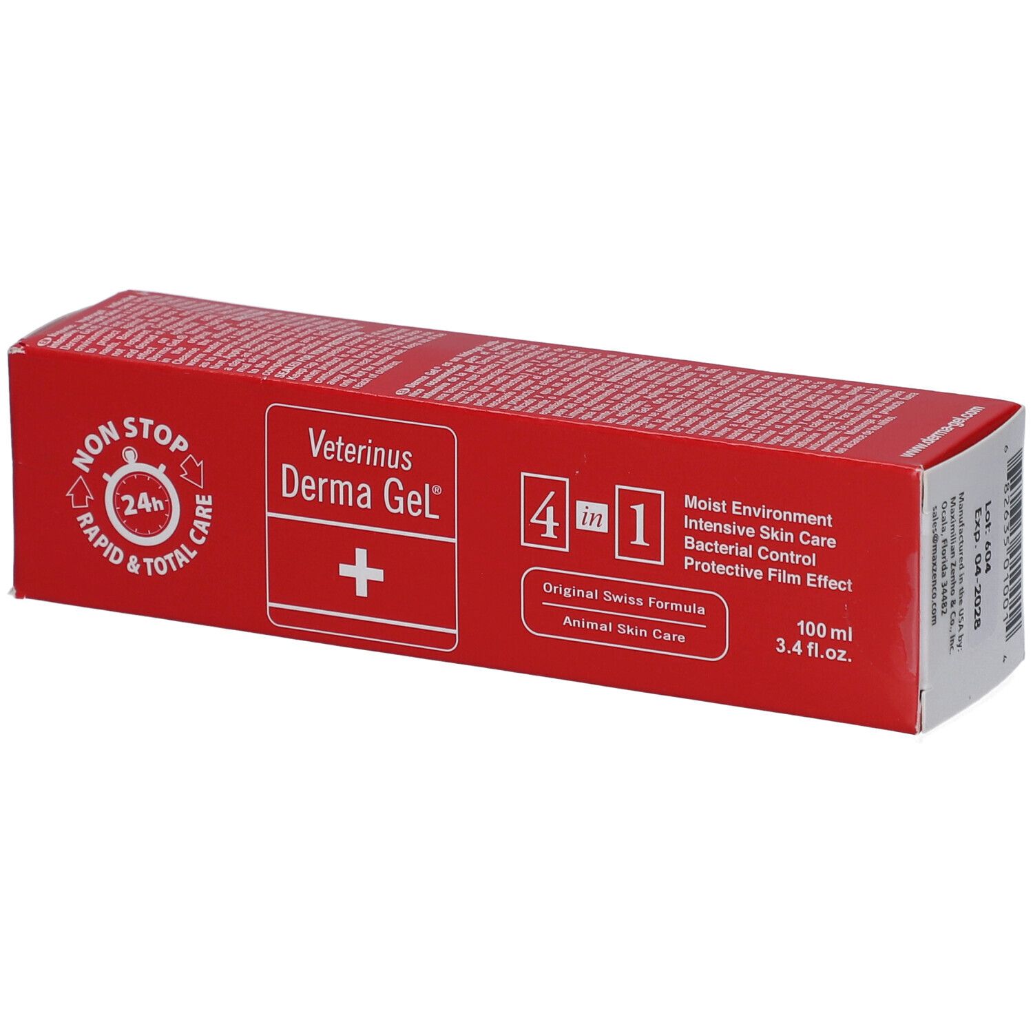 Rote Verpackung von Veterinus Derma Gel®. Enthält Informationen zu Inhaltsstoffen und Eigenschaften. 4-in-1-Formel.