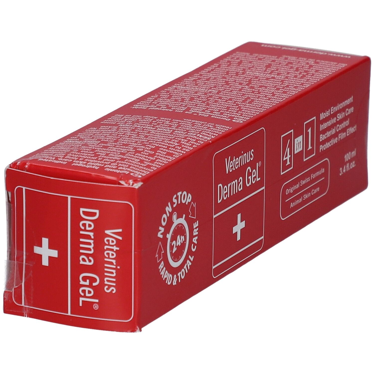 Rote Verpackung von Veterinus Derma Gel®. Zeigt Produktnamen, Logo und 4-in-1-Formel. Enthält Informationen.