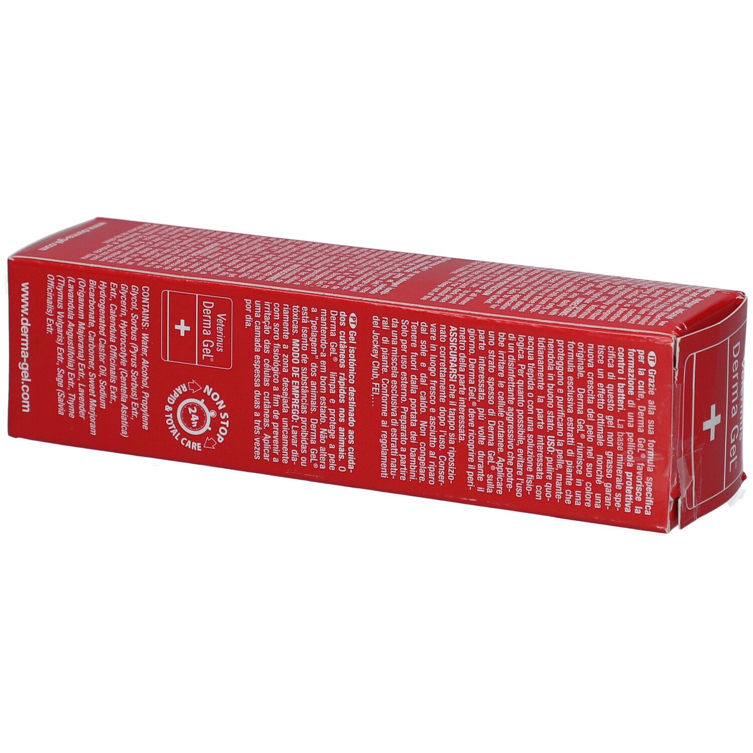 Rote Verpackung von Veterinus Derma Gel®. Rückseite mit Text, Inhaltsstoffen und Kontaktinformationen. 