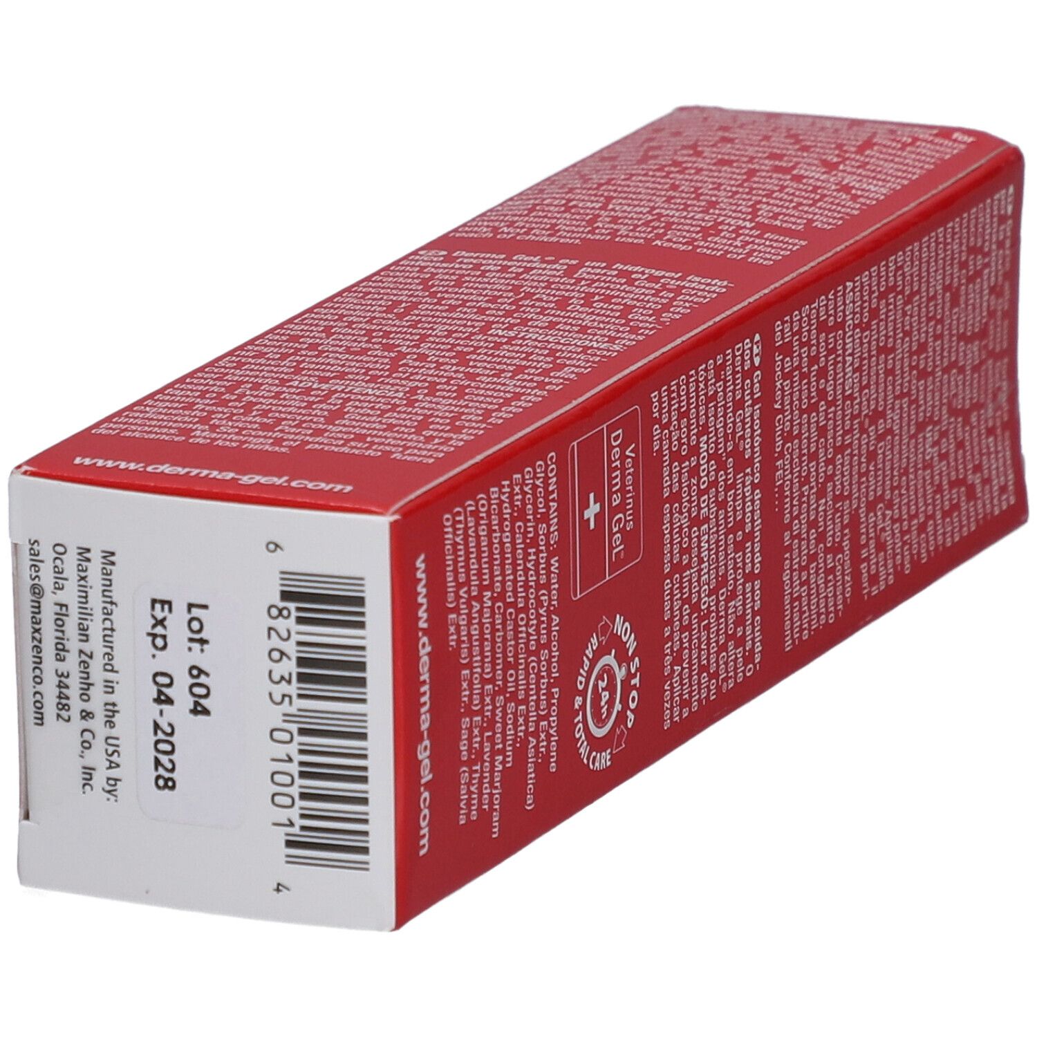 Rote Verpackung von Veterinus Derma Gel®. Unterseite mit Chargennummer, Verfallsdatum und Herstellerinformationen.