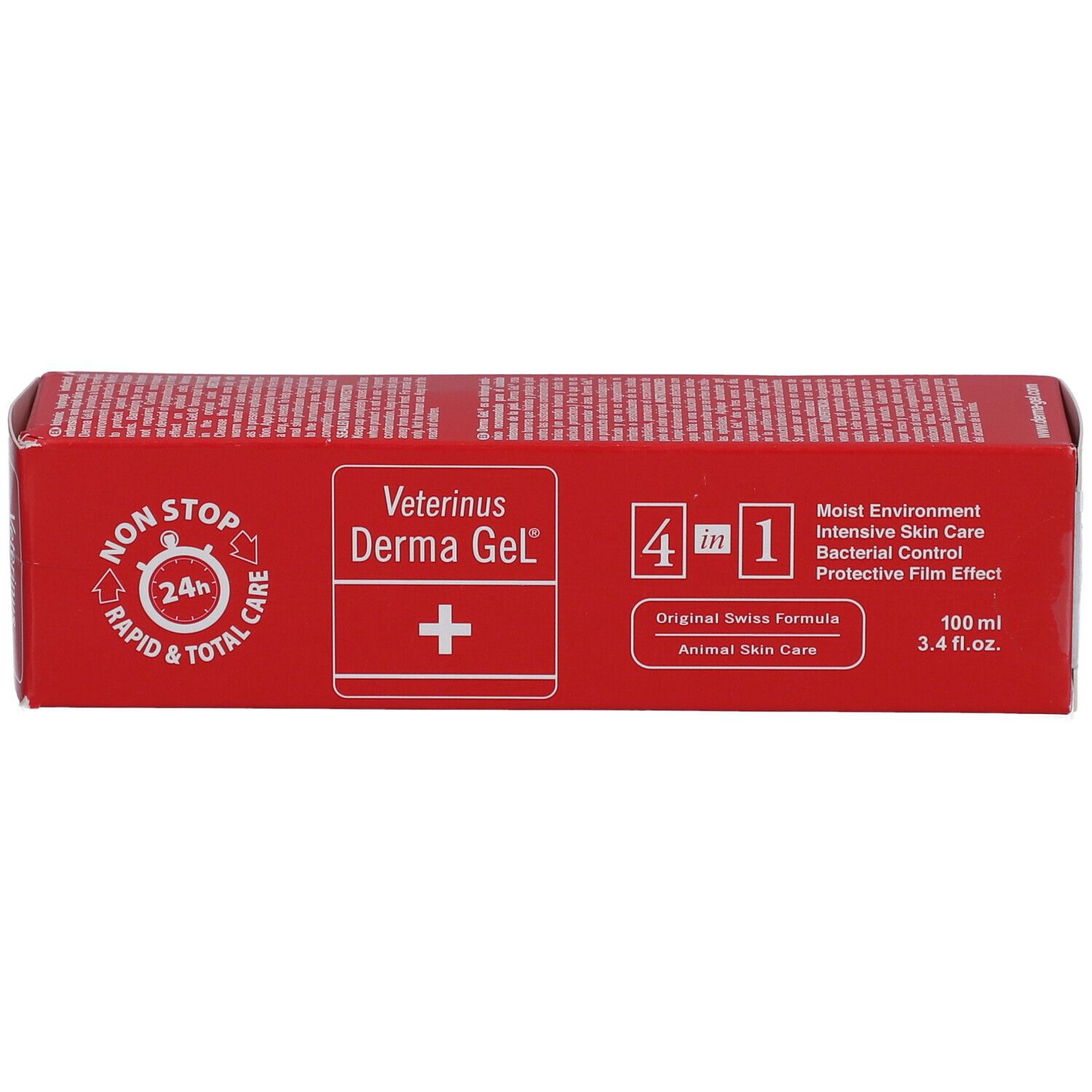 Rote Verpackung von Veterinus Derma Gel®. Zeigt Produktnamen, Logo und 4-in-1-Formel. Enthält Informationen.