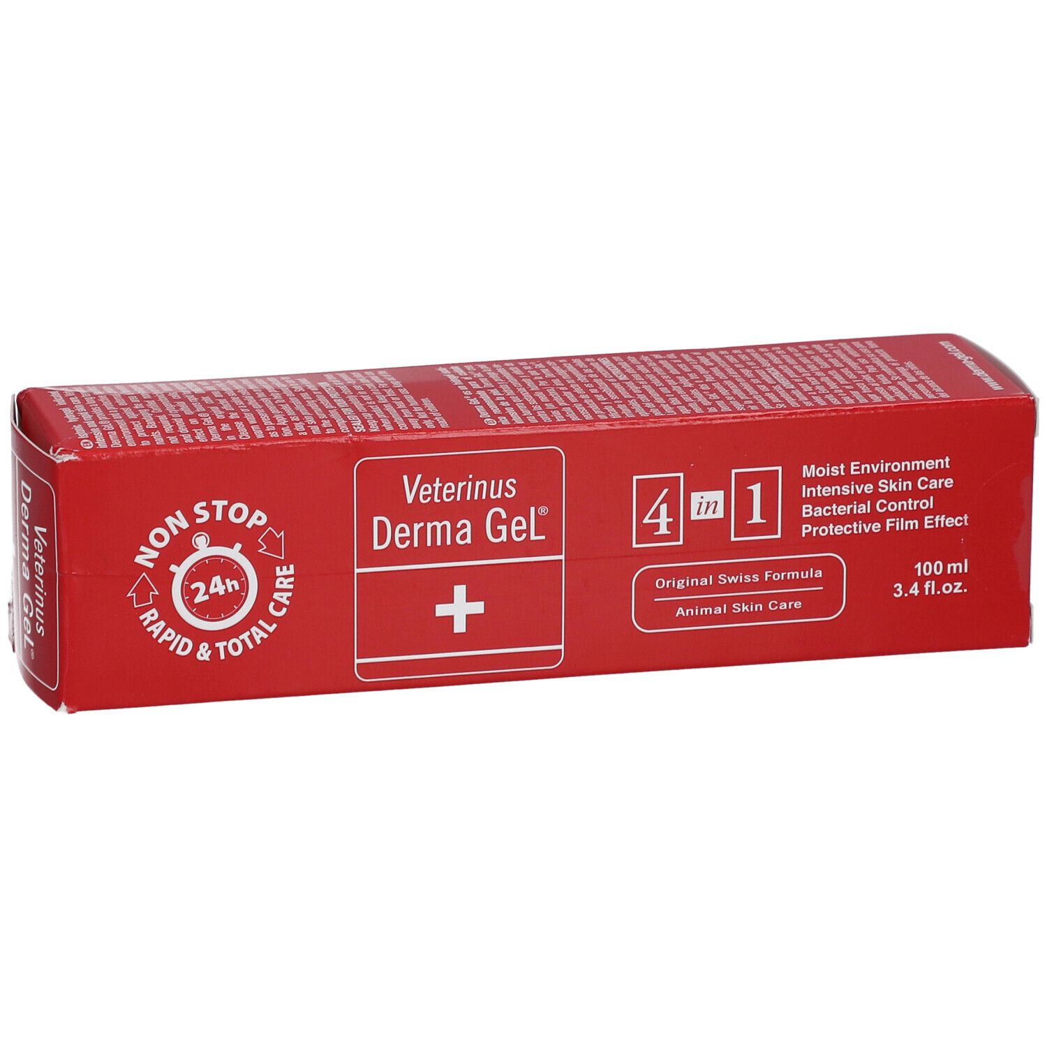 Rote Verpackung von Veterinus Derma Gel®. Zeigt Produktnamen, Logo und 4-in-1-Formel. Enthält Informationen.