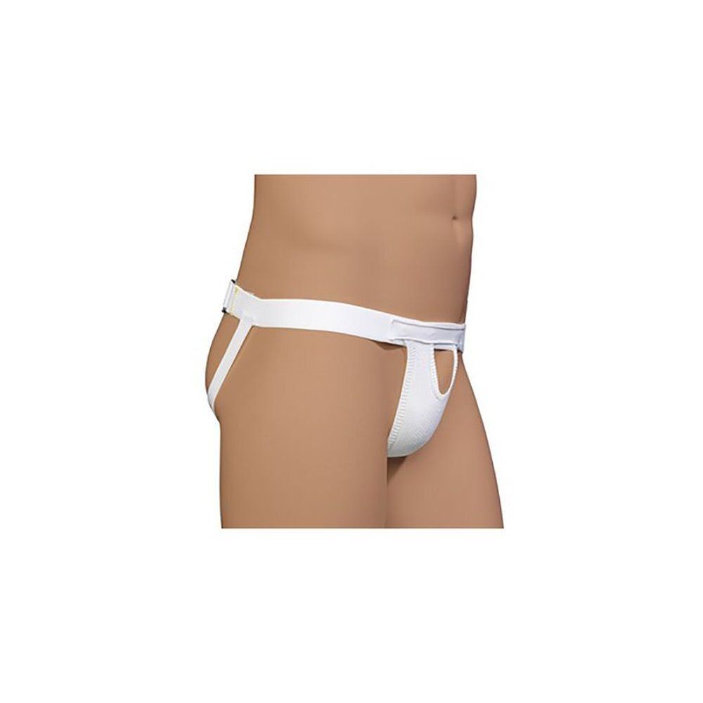 Suspensorium Bota blanc. Gros plan. Produit avec ouverture et bandes élastiques. Sur fond blanc.