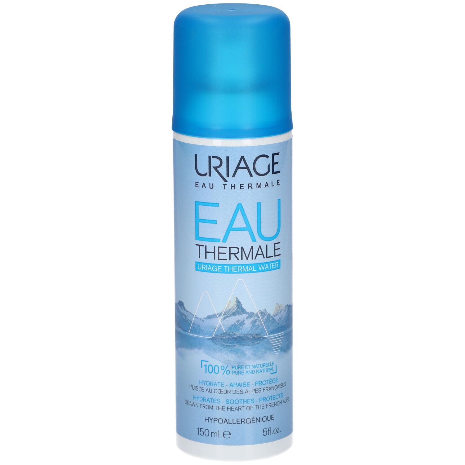 Landschaft mit Bergen und See. Logos und Text. Empfohlen von Dermatologen. Für alle Hauttypen geeignet.