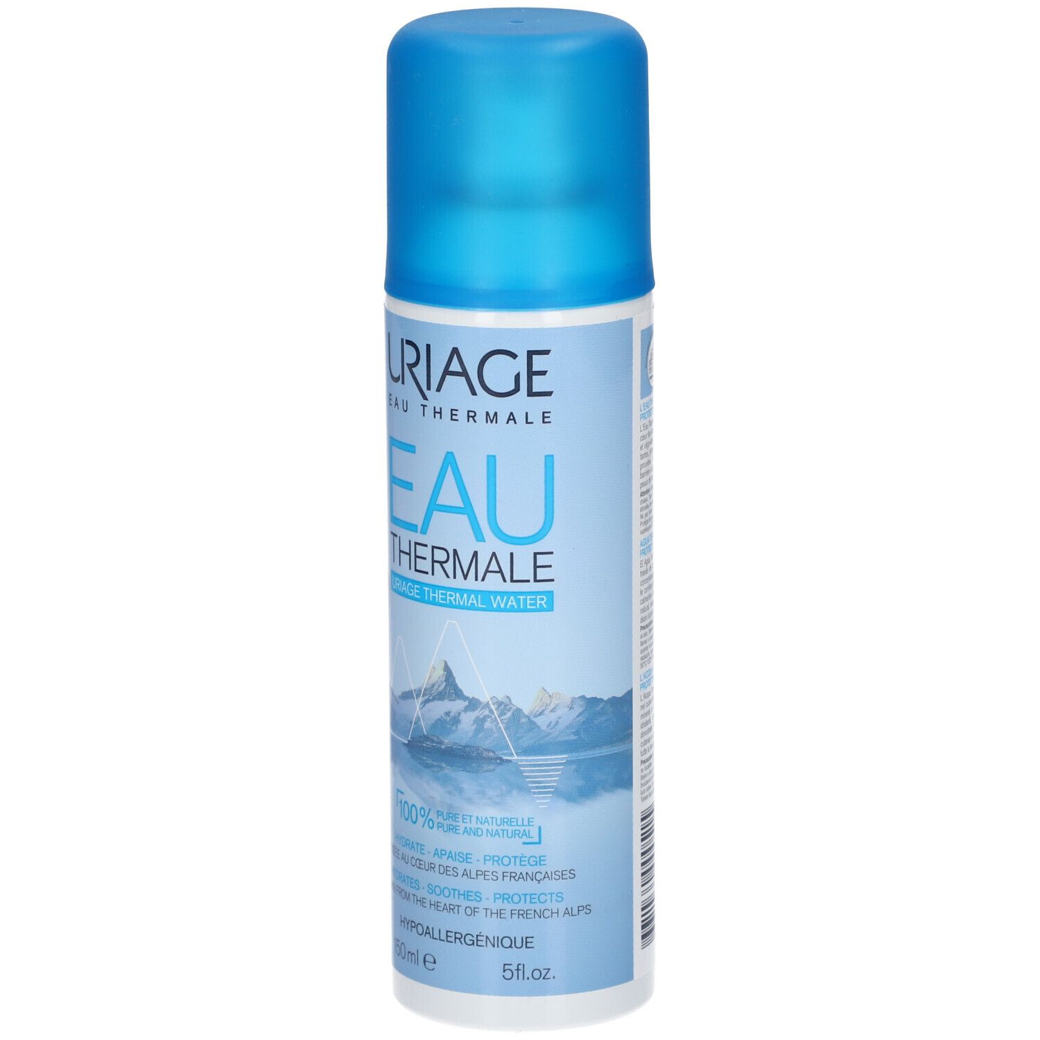 Vier Uriage-Produkte: Spray, Augencreme, Serum, Creme. Hydratisierungsroutine.