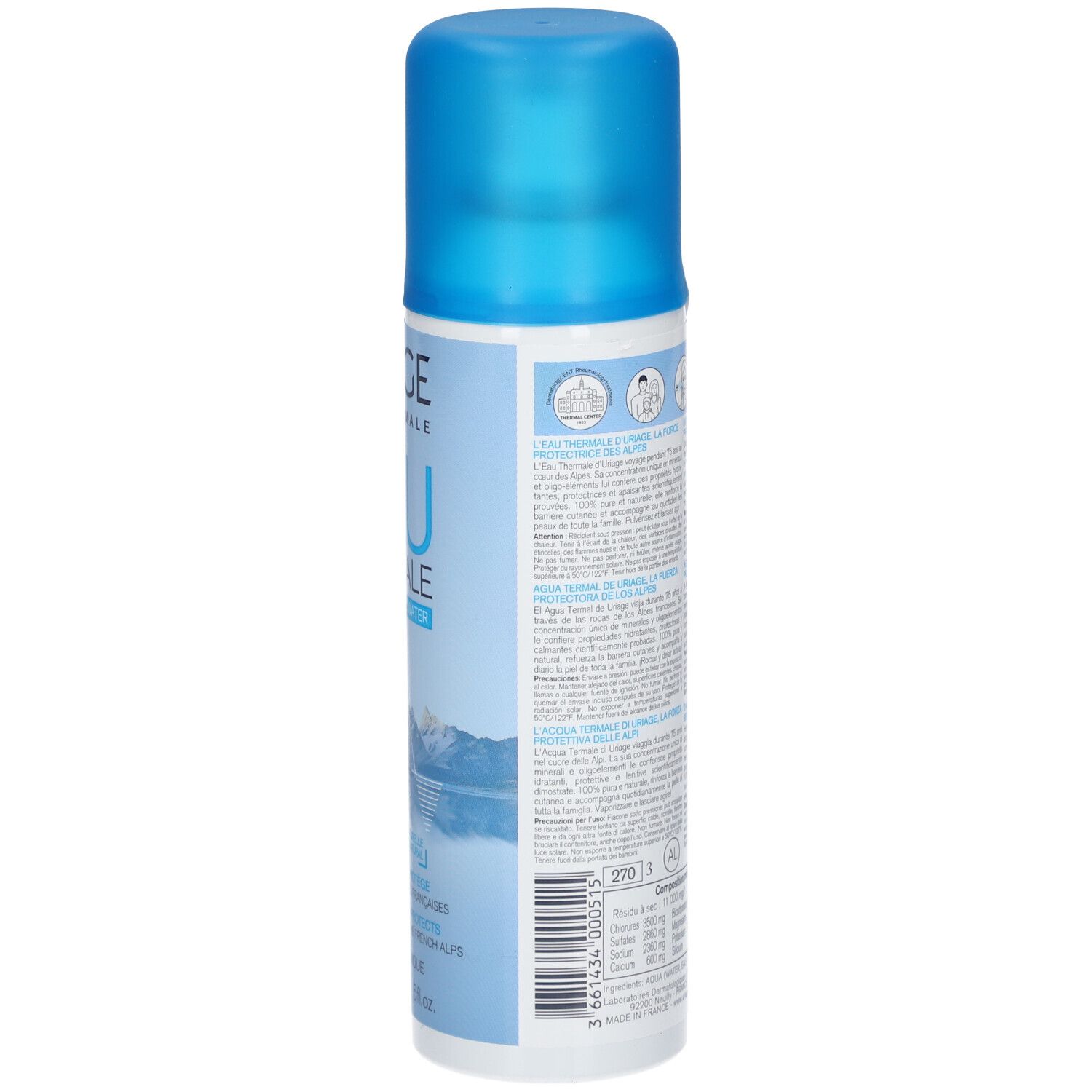 Uriage Eau Thermale Spray. Blaue Sprühflasche mit Wasserstrahl. Produktname und Logo sichtbar.