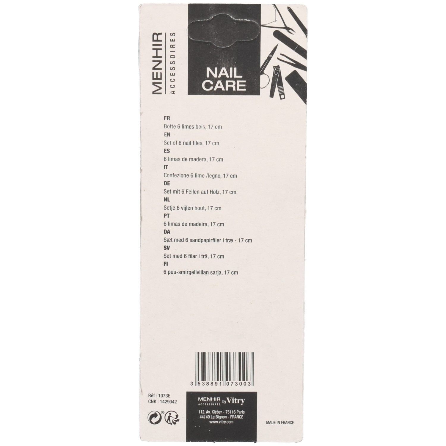 Rückseite der Verpackung. Text: Menhir Accessoires, Nail Care. Auflistung von Produktinformationen in verschiedenen Sprachen.