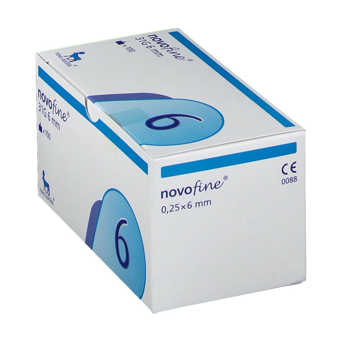 NovoFine 31G 6 mm Verpackung. Aufschrift: 31G 6 mm, 0,25x6 mm, CE 0088, Zahl 6. Weißer Karton mit blauer Grafik.