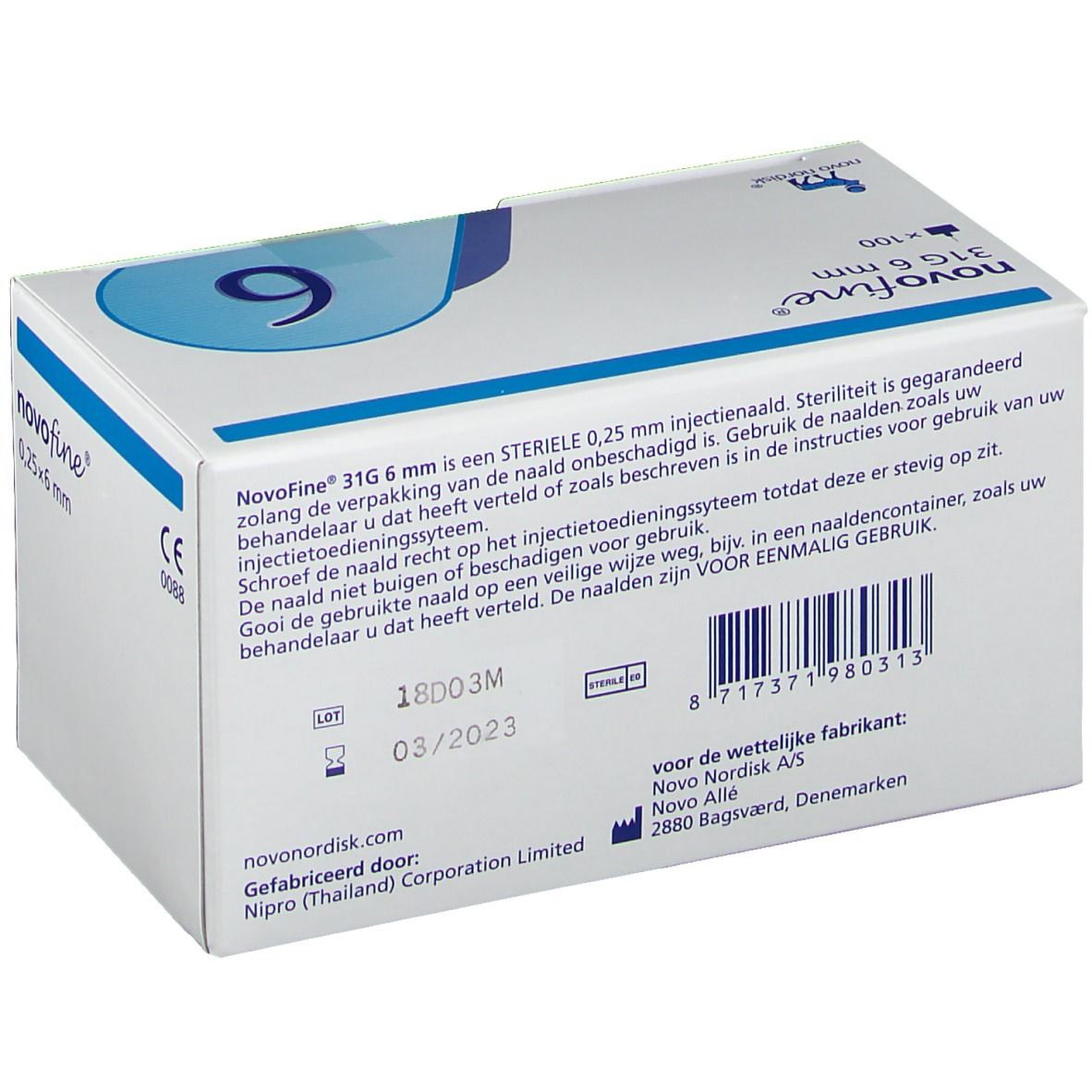 NovoFine 31G 6 mm Verpackung. Aufschrift: 31G 6 mm, x100, 03/2023, CE 0088. Weißer Karton mit blauer Grafik und Text.