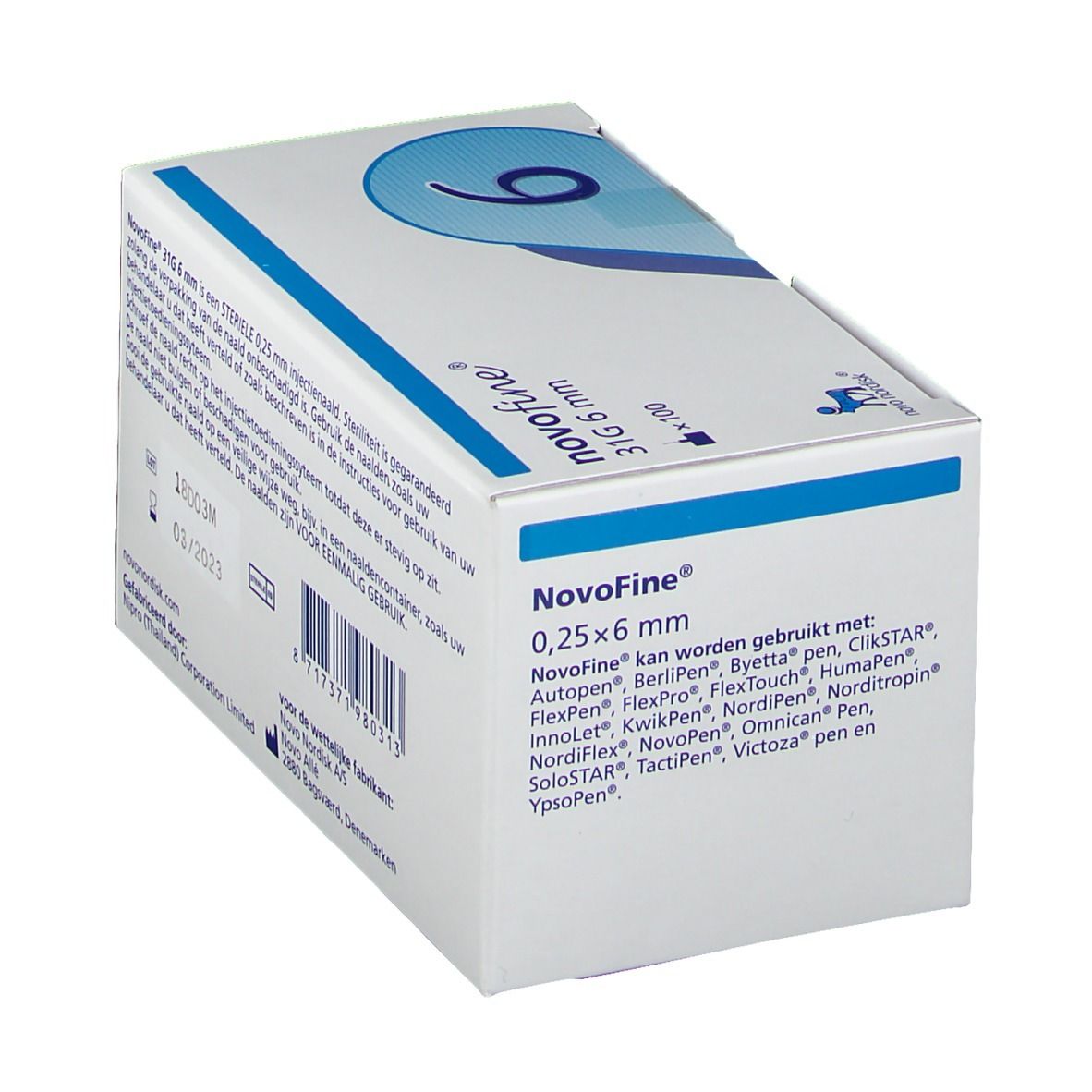NovoFine 31G 6 mm Verpackung. Aufschrift: 31G 6 mm, x100, 03/2023. Weißer Karton mit blauer Grafik und Text.
