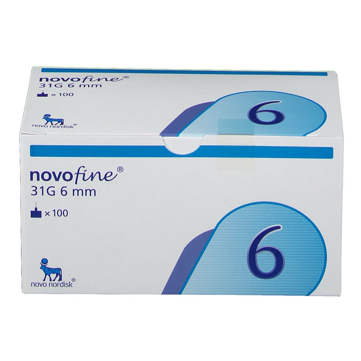 NovoFine 31G 6 mm Verpackung. Aufschrift: 31G 6 mm, x100, Zahl 6. Weißer Karton mit blauer Grafik.