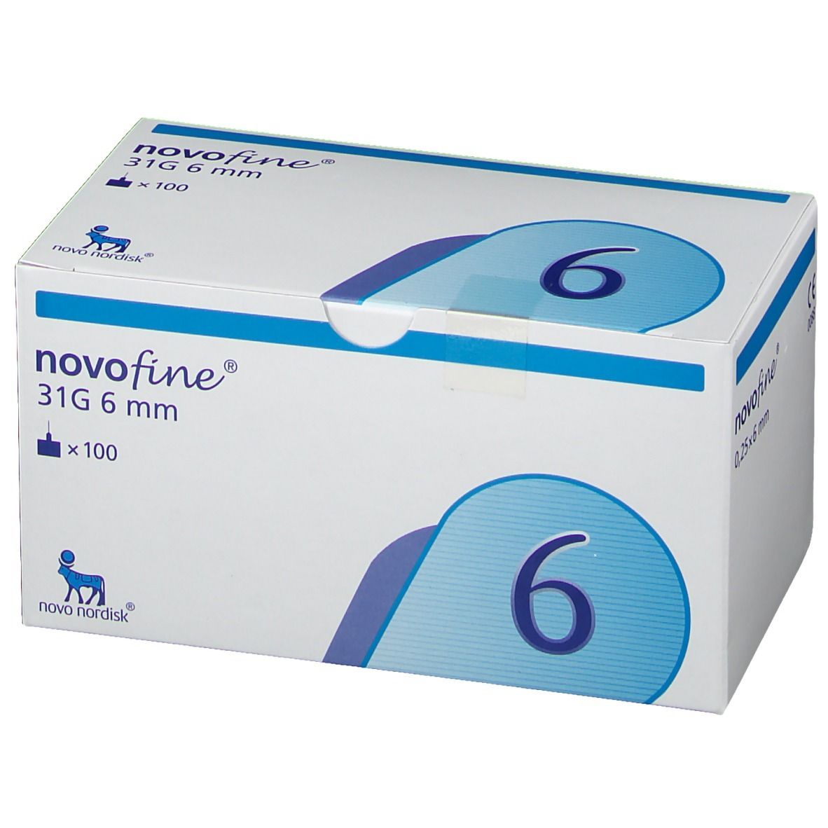 NovoFine 31G 6 mm Verpackung. Aufschrift: 31G 6 mm, x100, Zahl 6. Weißer Karton mit blauer Grafik.