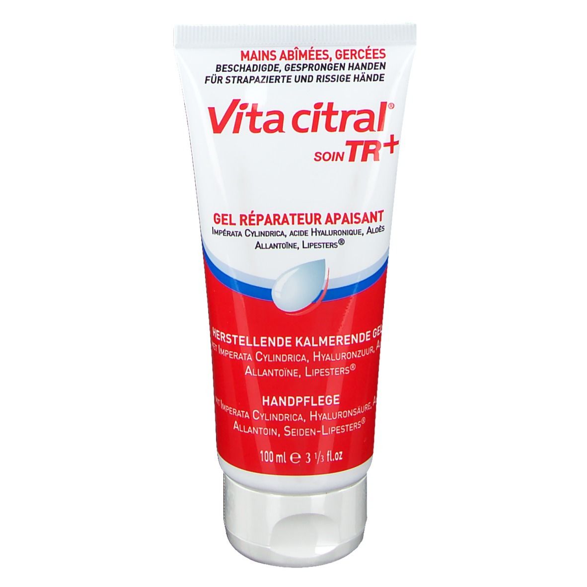 Tube Handgel mit roter und weißer Beschriftung. Produktname: Vita Citral. Text: "Mains abîmées, gercées".