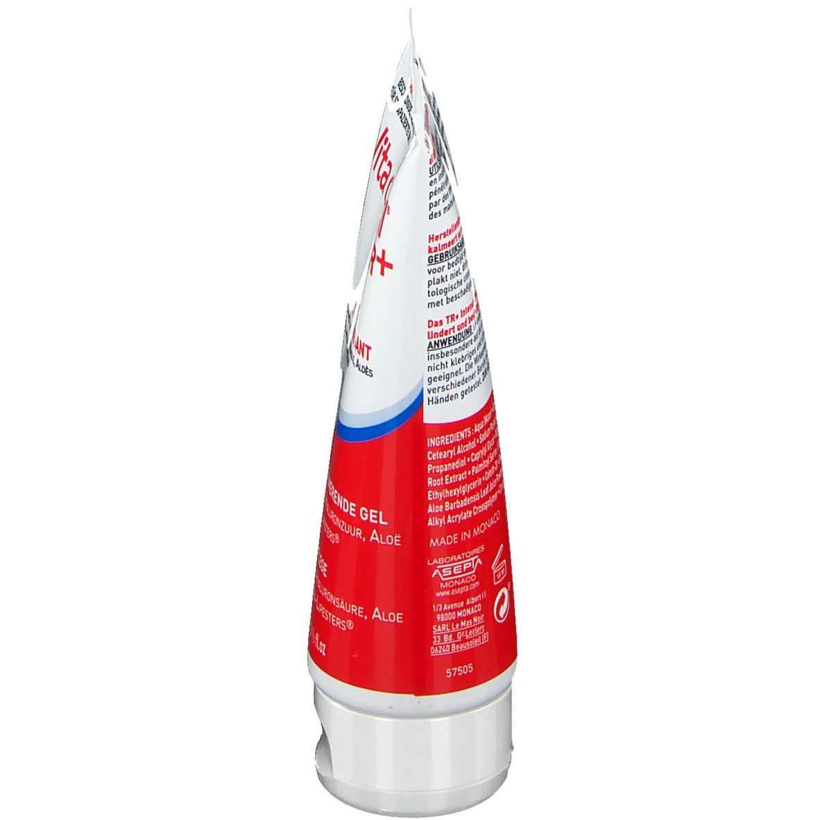 Seitenansicht des Handgel-Tubes. Beschriftung und Inhaltsangaben auf weißem Grund. Roter Streifen.