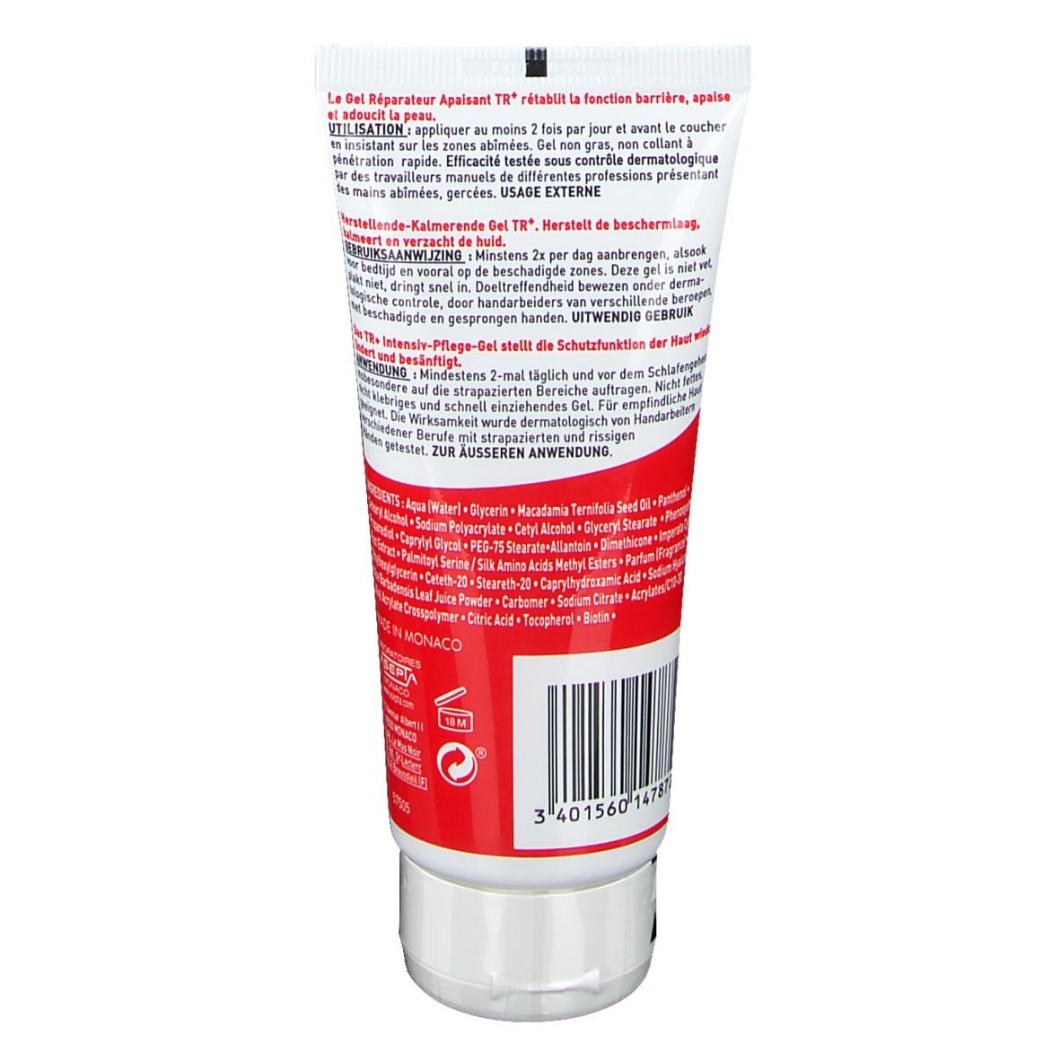 Rückseite des Handgel-Tubes. Text in mehreren Sprachen. Inhaltsstoffe und Gebrauchsanweisung.
