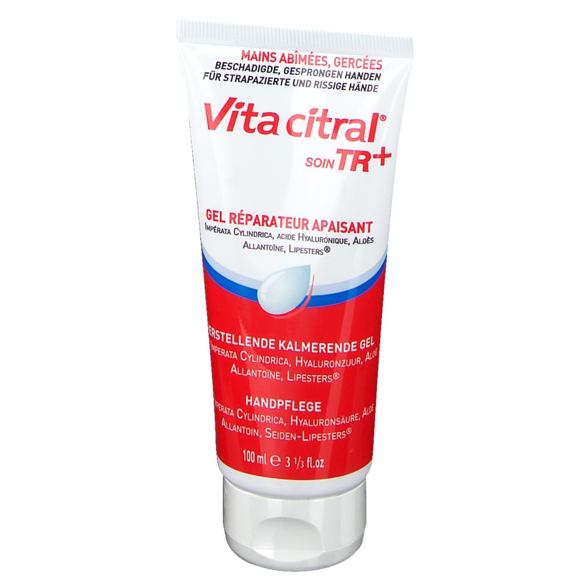 Handgel-Tube mit roter und weißer Beschriftung. Produktname: Vita Citral. Text: "Mains abîmées, gercées".