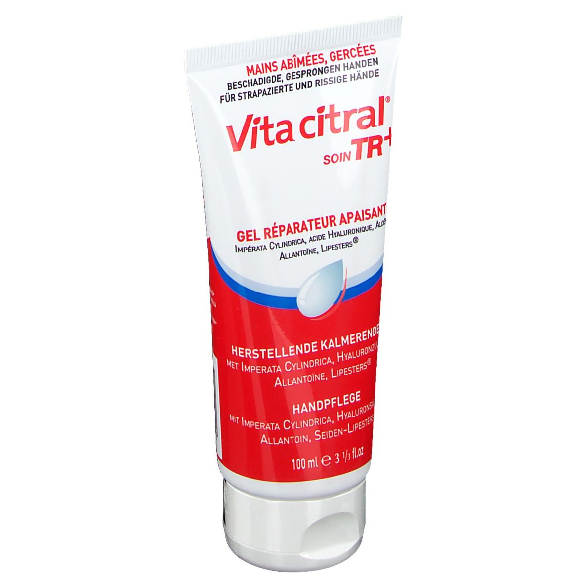 Handgel-Tube mit roter und weißer Beschriftung. Produktname: Vita Citral. Text: "Mains abîmées, gercées".
