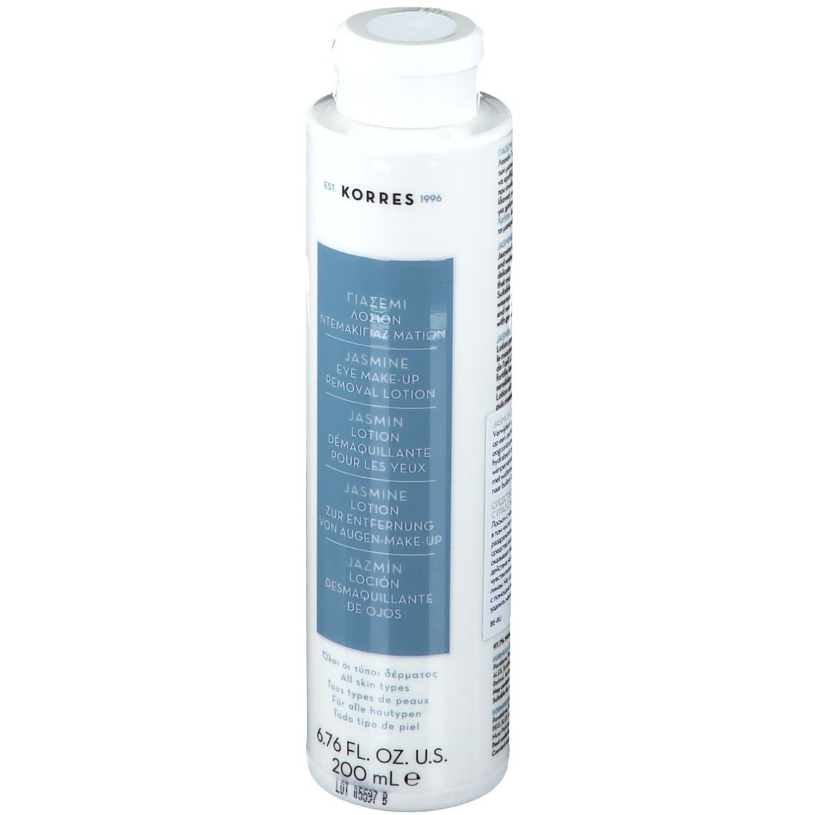 Weiße Flasche mit blauem Etikett. Text: KORRES, Jasmin Eye Make-up Removal Lotion. 6.76 fl. oz. U.S. 200 ml.
