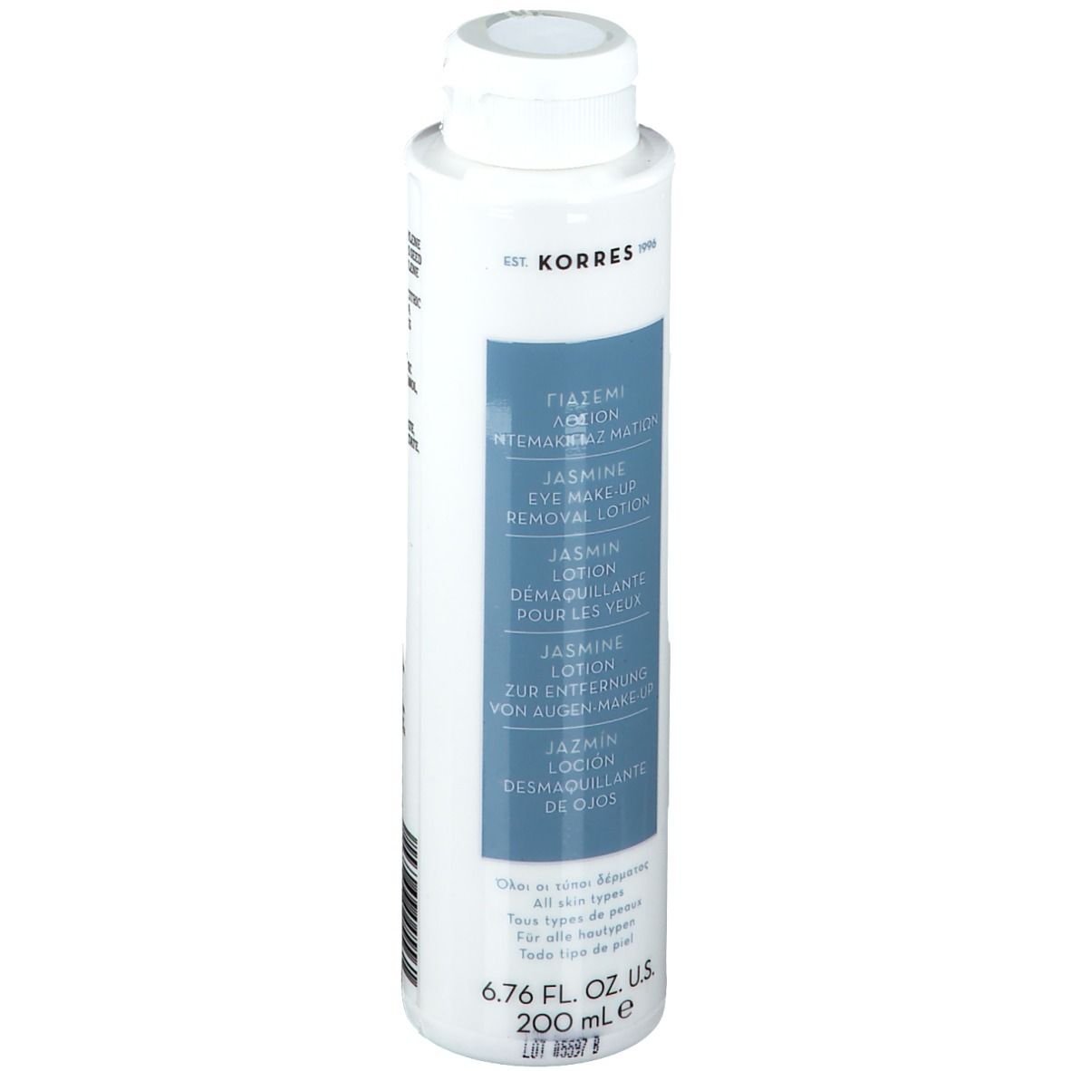 Weiße Flasche mit blauem Etikett. Text: KORRES, Jasmin Eye Make-up Removal Lotion. 6.76 fl. oz. U.S. 200 ml.