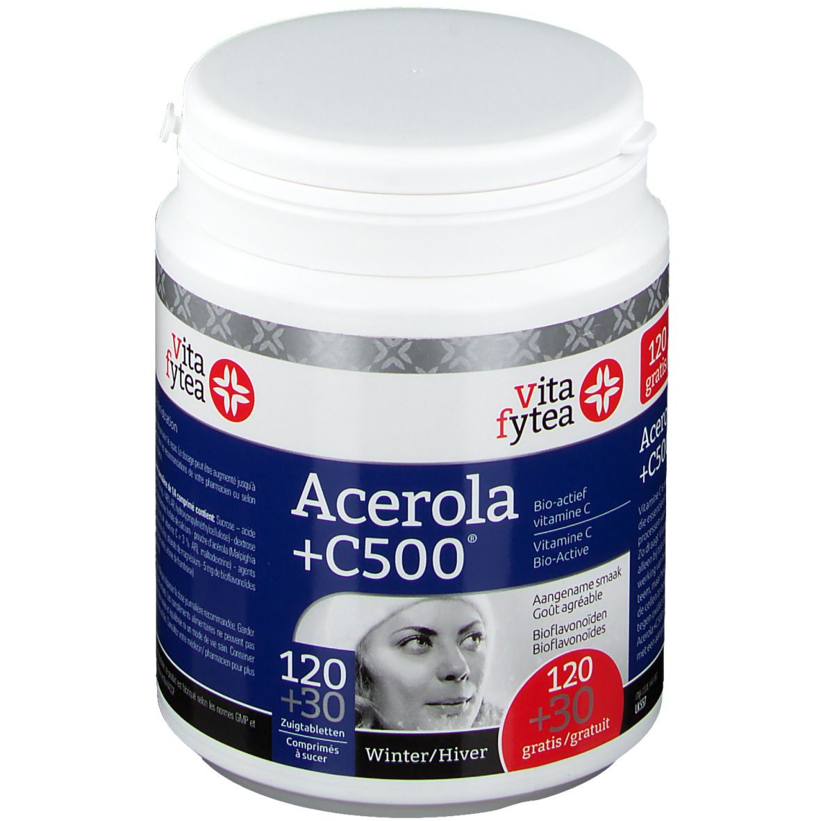 Weiße Dose mit rotem Etikett. Aufschrift: Acerola +C500, Vita fytea. Enthält 120+30 Tabletten. Abbildung einer Frau.