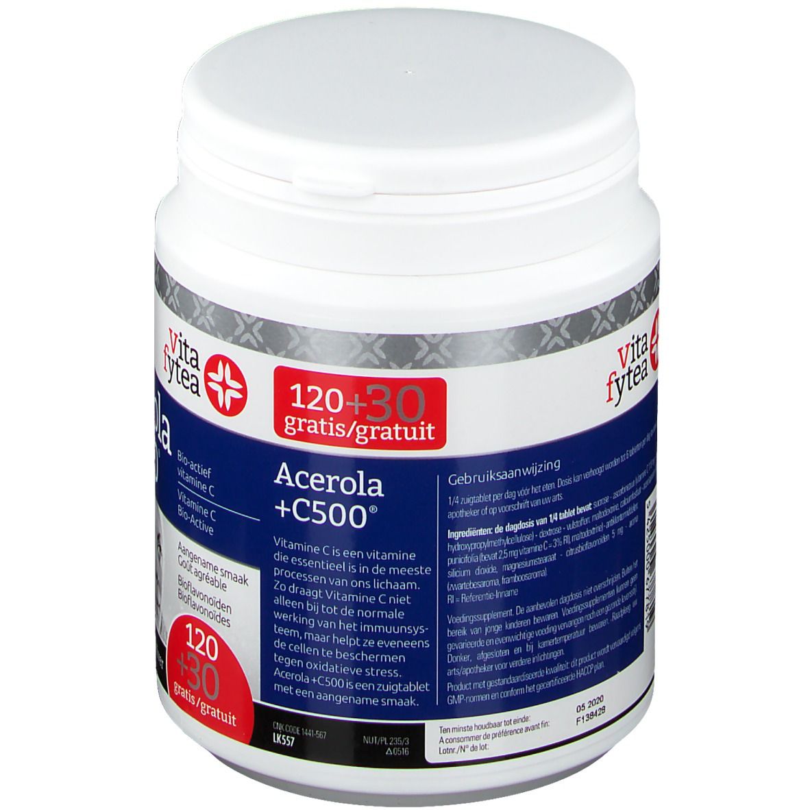 Weiße Dose mit rotem Etikett. Aufschrift: Acerola +C500, Vita fytea. Enthält 120+30 Tabletten. Text in mehreren Sprachen.
