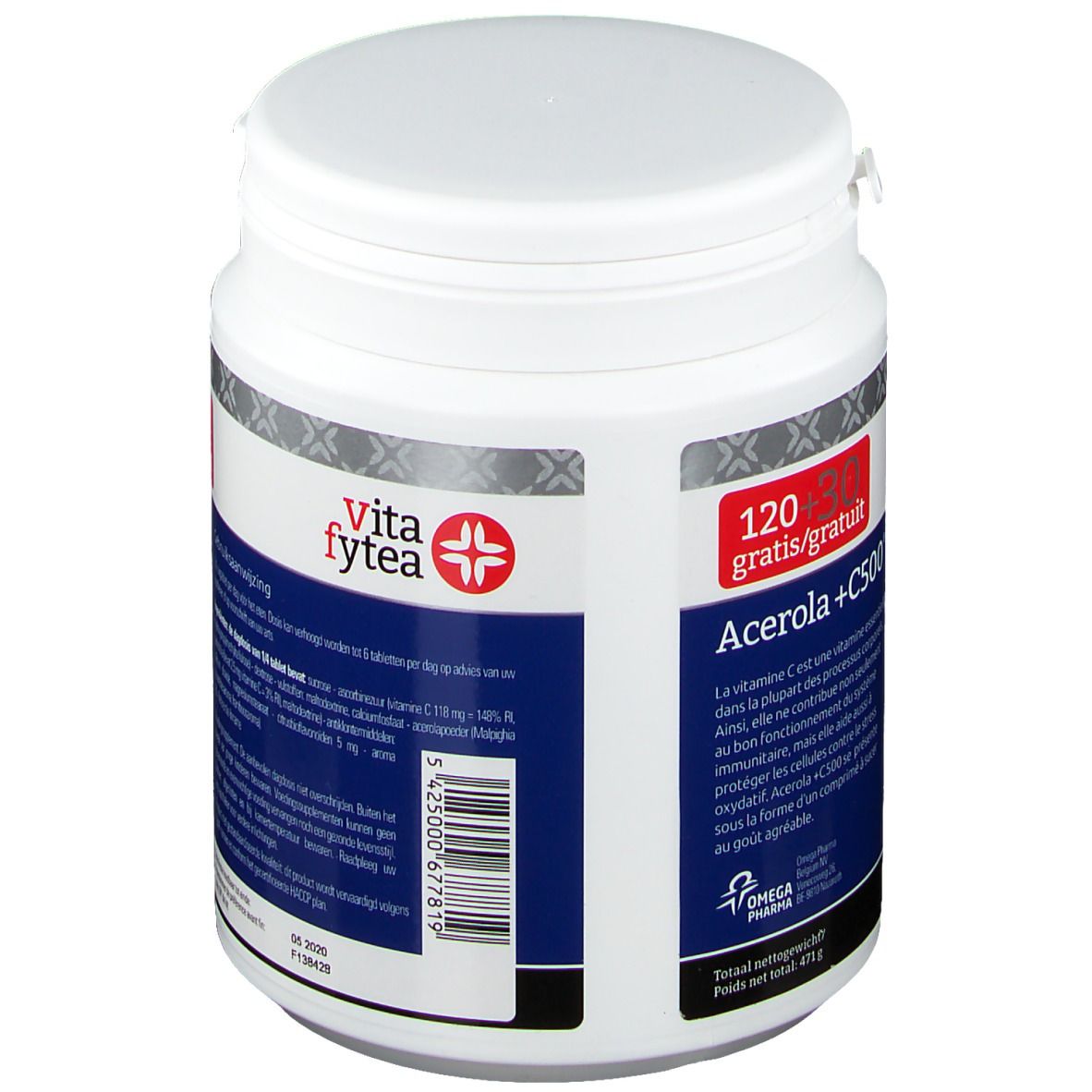 Weiße Dose mit rotem Etikett. Aufschrift: Acerola +C500, Vita fytea. Enthält 120+30 Tabletten. Barcode und Text.