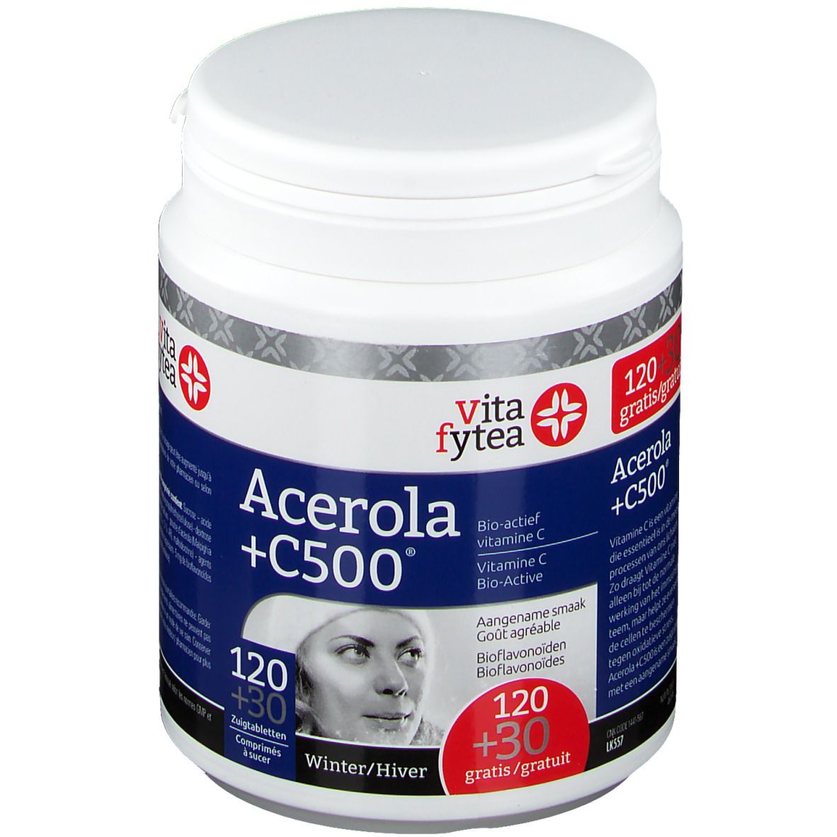 Weiße Dose mit rotem Etikett. Aufschrift: Acerola +C500, Vita fytea. Enthält 120+30 Tabletten. Abbildung einer Frau.