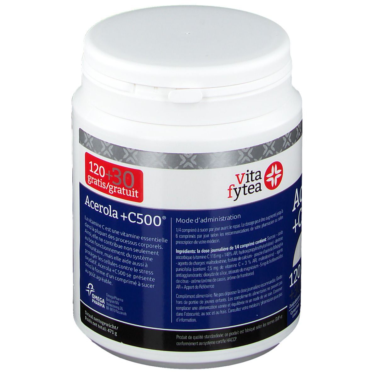 Weiße Dose mit rotem Etikett. Aufschrift: Acerola +C500, Vita fytea. Enthält 120+30 Tabletten. Text in mehreren Sprachen.