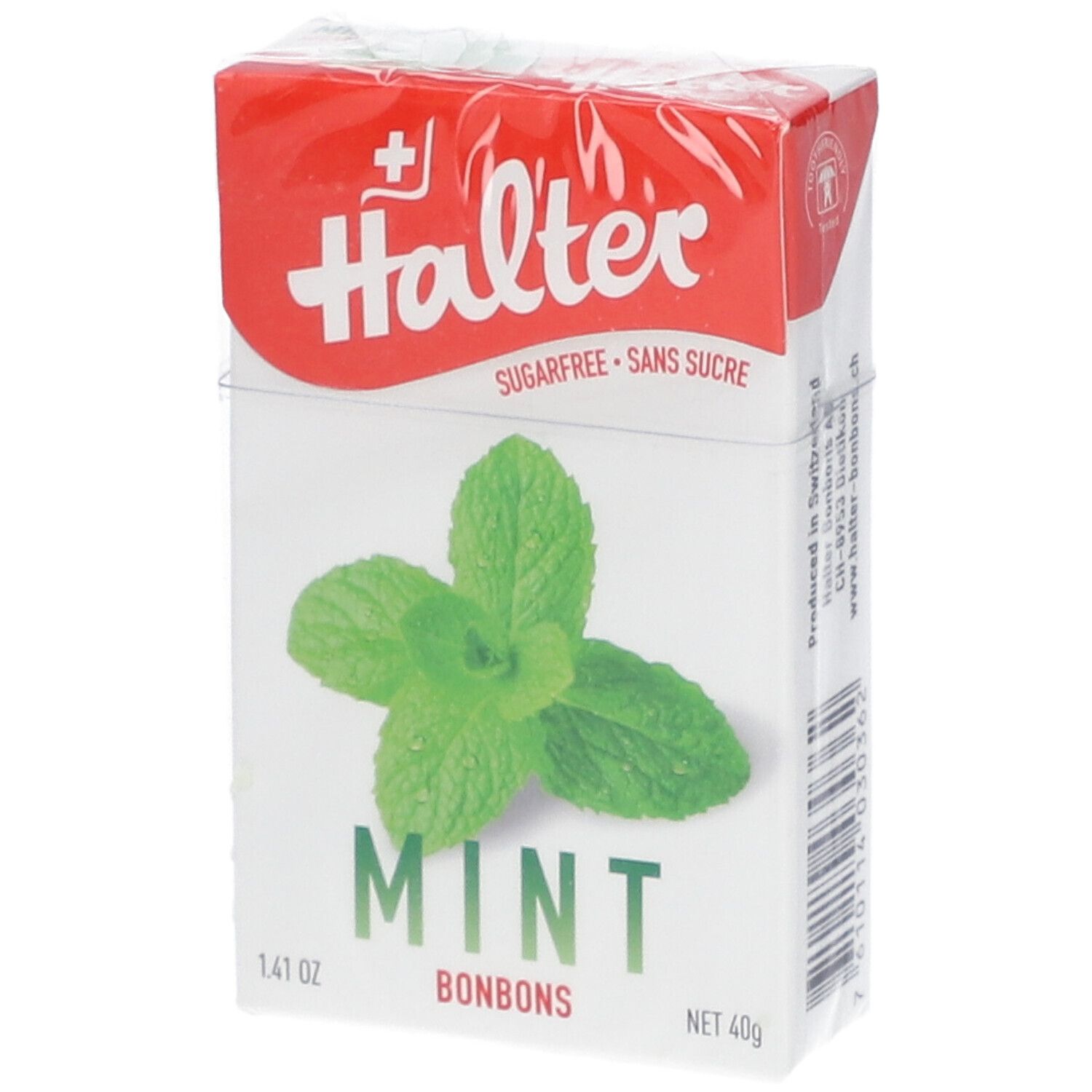 Verpackung von Halter Mint Bonbons. Rote und weiße Schachtel mit Minzblatt-Illustration. Aufschrift: Sugarfree.