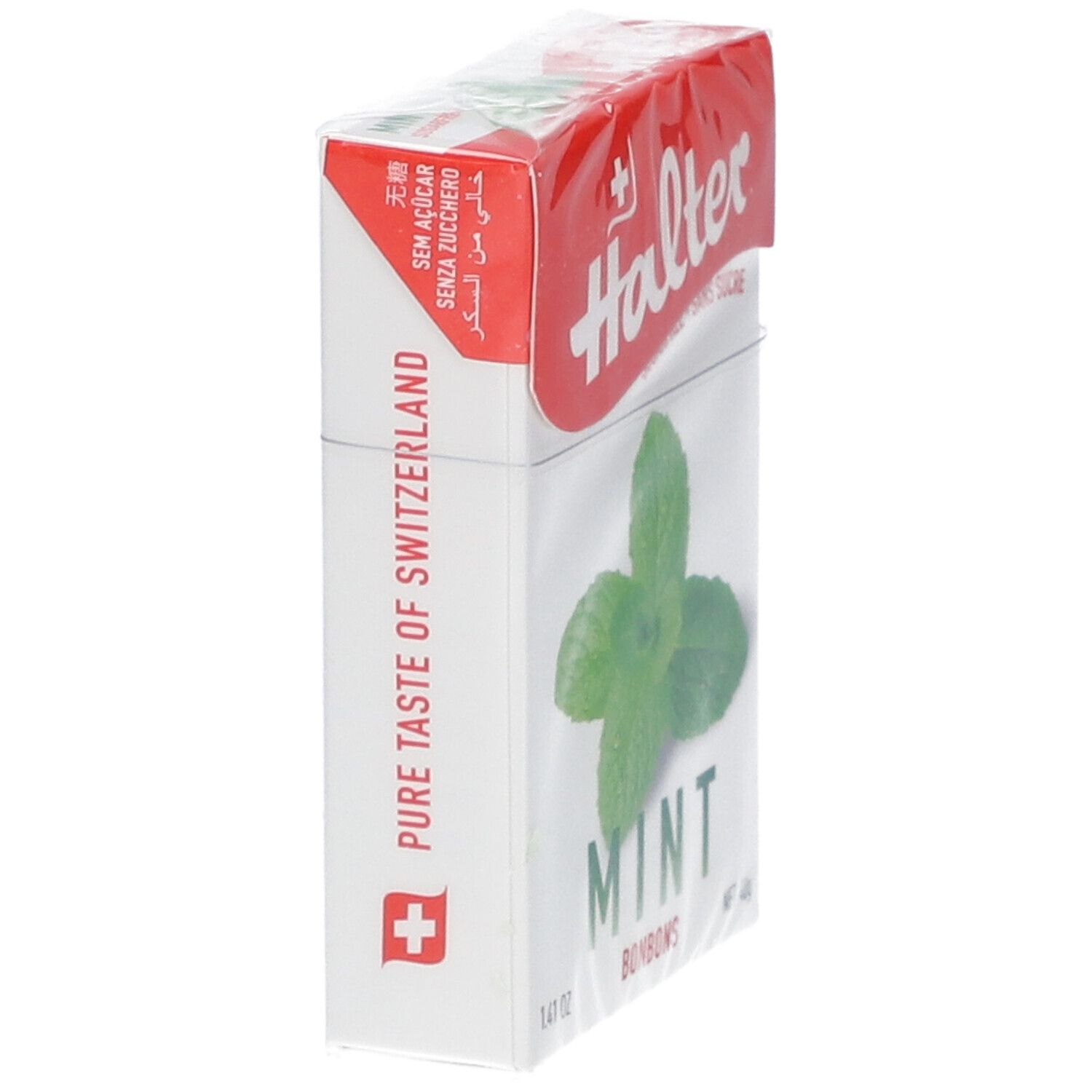 Halter Mint Bonbons-Verpackung. Rote und weiße Schachtel, Seitenansicht. Text: Pure Taste of Switzerland. Mint-Illustration.