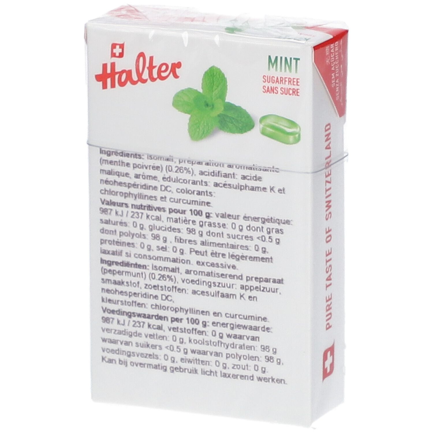 Halter Mint Bonbons-Verpackung. Rückseite mit Zutatenliste und Nährwertangaben. Mint-Illustration und ein Bonbon.