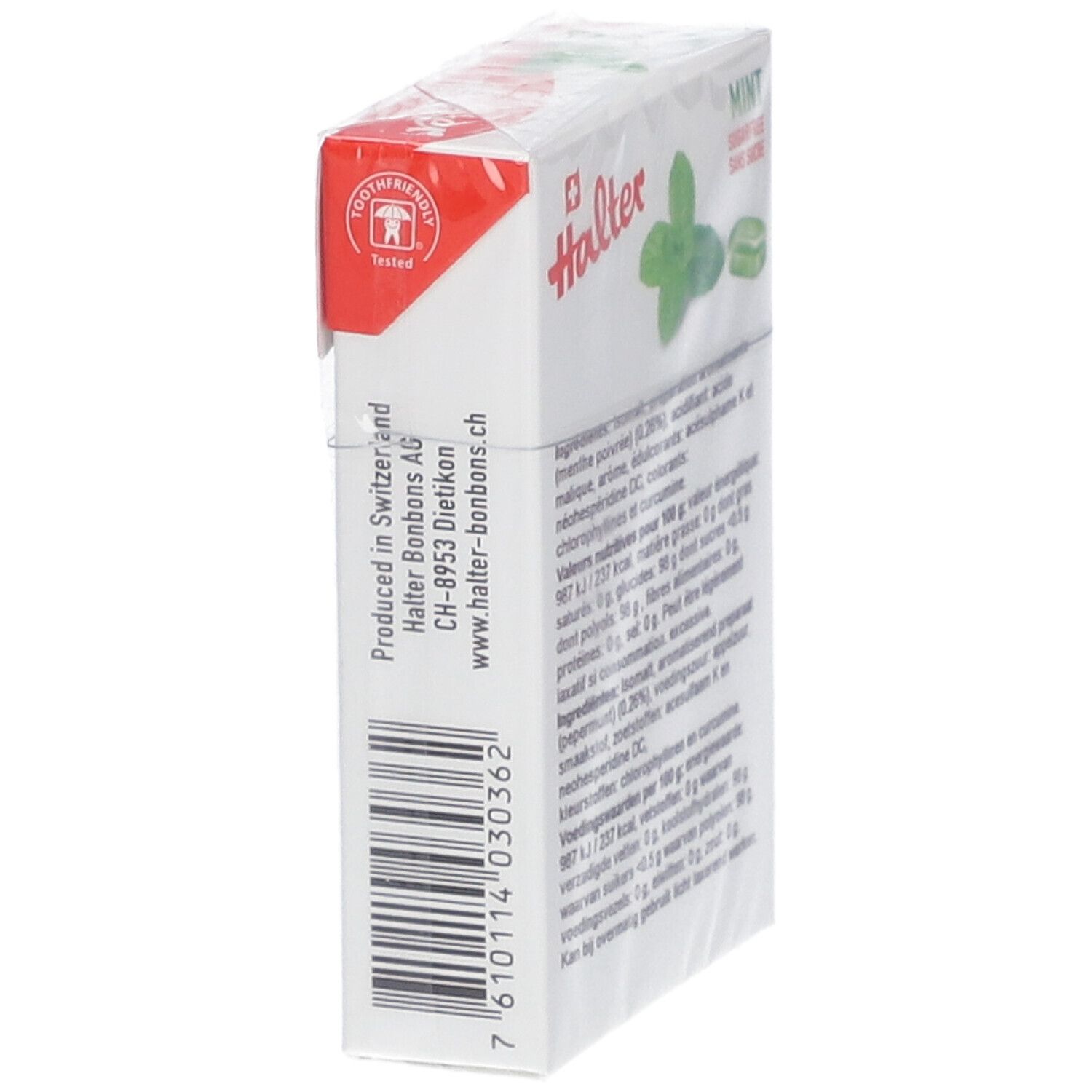 Halter Mint Bonbons-Verpackung. Seitenansicht mit Text und Barcode. Logo: Tooth Friendly. Hergestellt in der Schweiz.