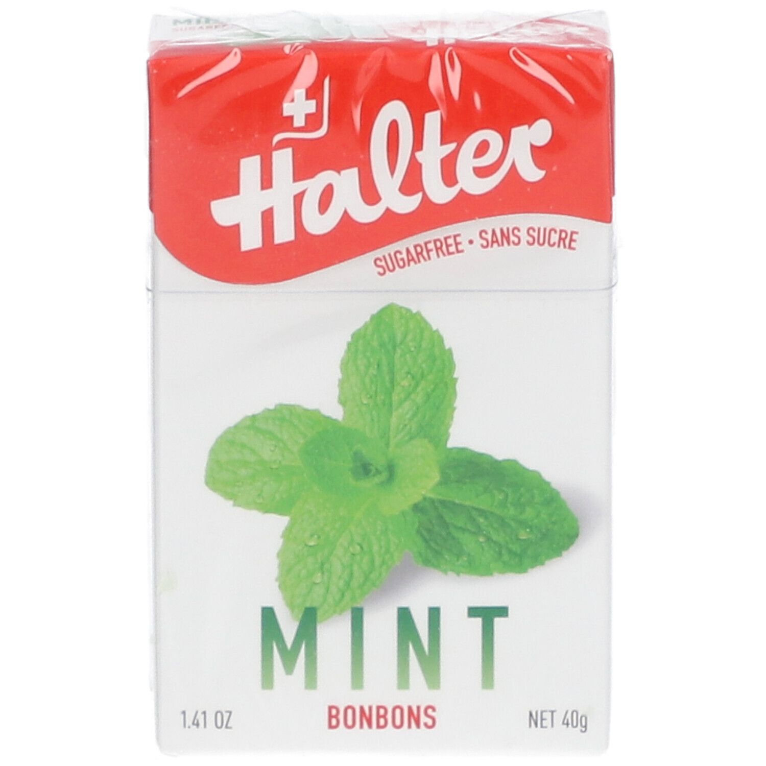 Halter Mint Bonbons-Verpackung. Rote und weiße Schachtel mit Minzblatt-Illustration. Aufschrift: Sugarfree. Netto 40g.