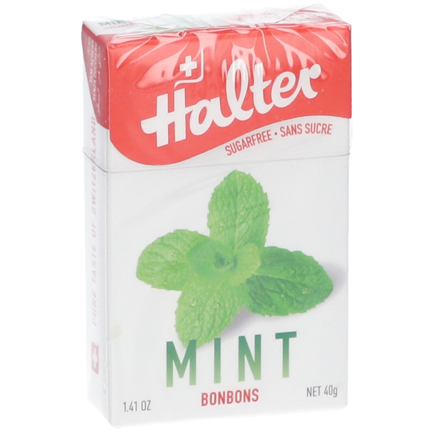 Halter Mint Bonbons-Verpackung. Rote und weiße Schachtel mit Minzblatt-Illustration. Aufschrift: Sugarfree. Netto 40g.