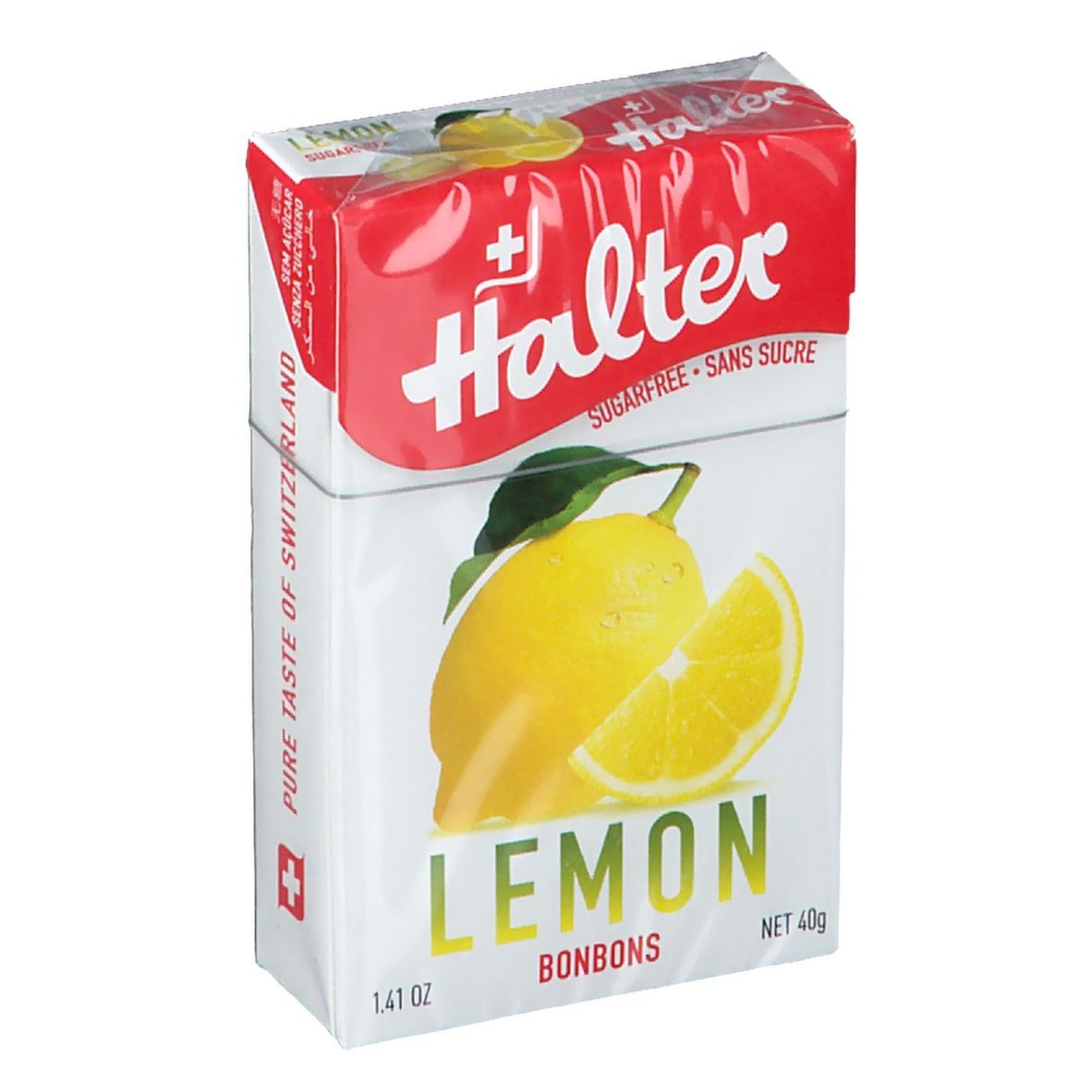 Verpackung mit Halter Lemon Bonbons. Weiß-rote Schachtel mit Zitrone-Abbildung und Schriftzug.